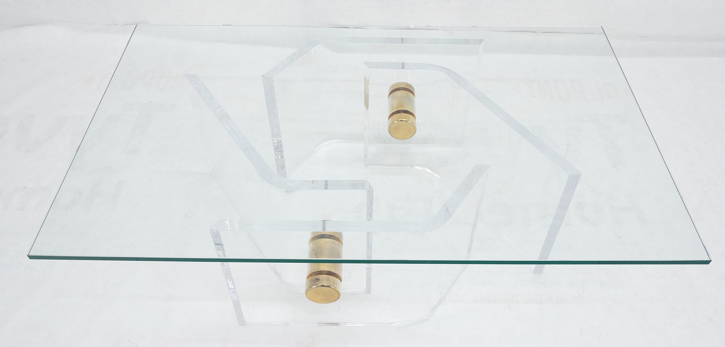 EstablishedLines Thick Bent Polished Lucite Gold Buttons Base Glass Top Mid Century Coffee Table