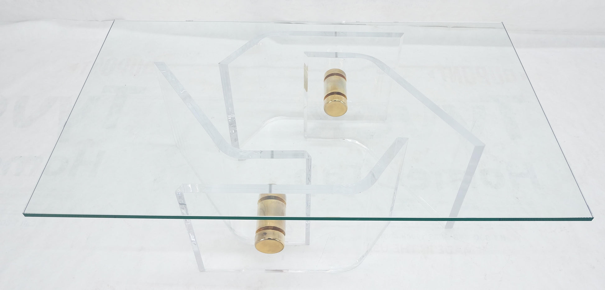 EstablishedLines Thick Bent Polished Lucite Gold Buttons Base Glass Top Mid Century Coffee Table