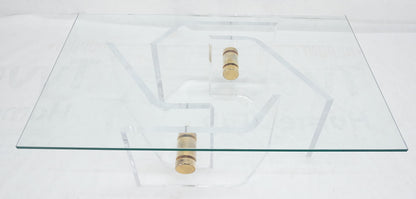 EstablishedLines Thick Bent Polished Lucite Gold Buttons Base Glass Top Mid Century Coffee Table
