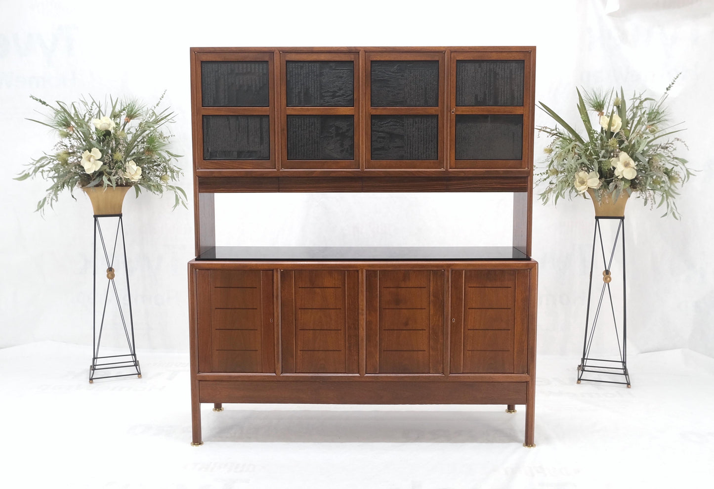 EstablishedLines Dunbar Walnut Two Part Sideboard Credenza Breakfront Carved Slate Inserts MINT!