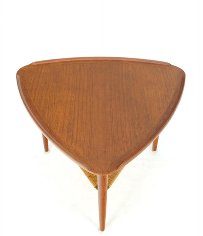 EstablishedLines Danish Triangular Teak Rolled Edge Caned Shelf End Side Occasional Table Stand
