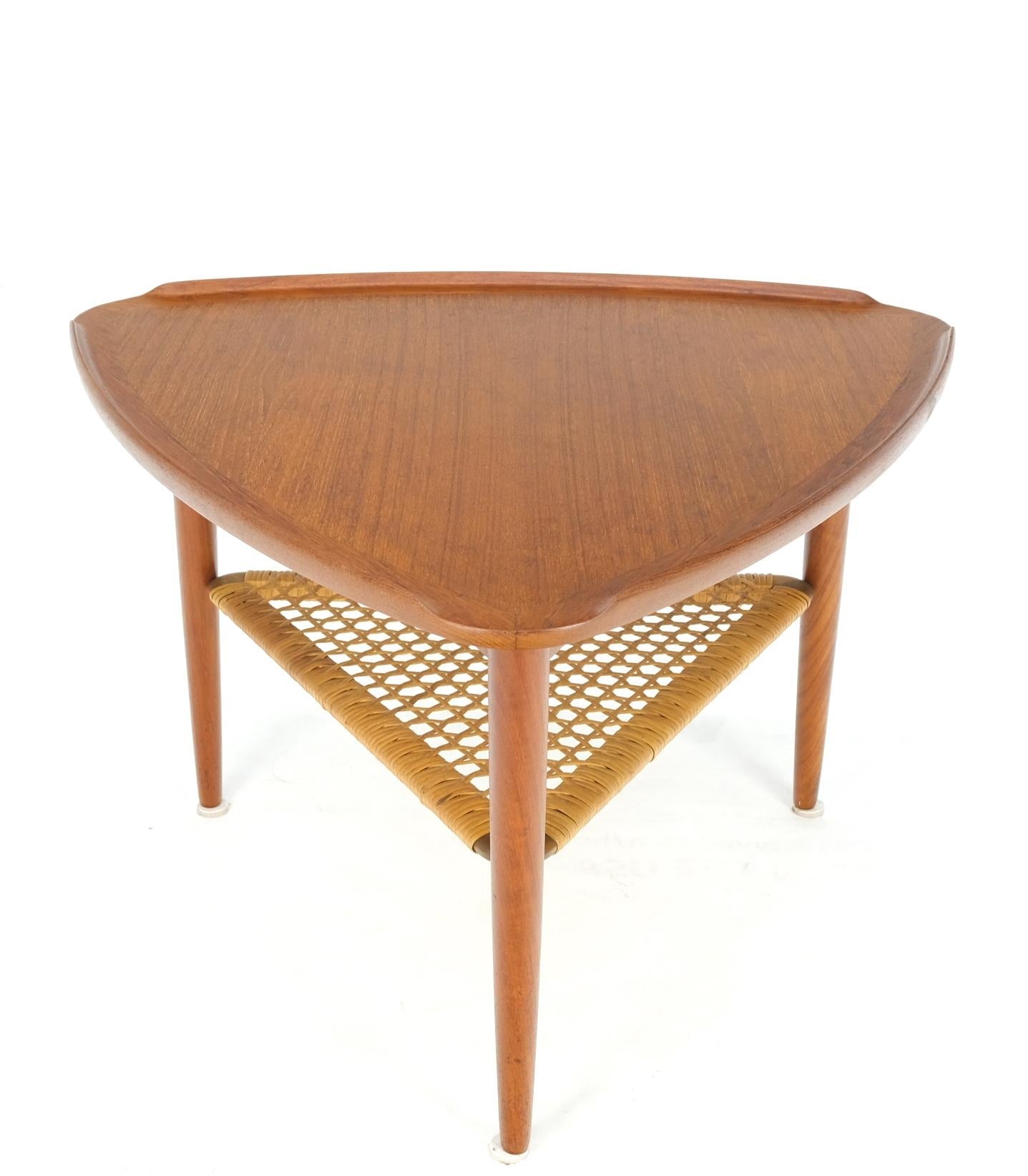 EstablishedLines Danish Triangular Teak Rolled Edge Caned Shelf End Side Occasional Table Stand