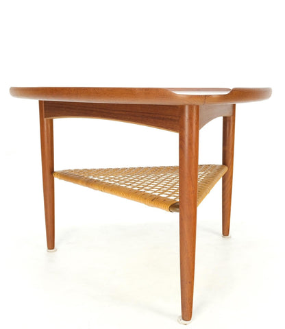 EstablishedLines Danish Triangular Teak Rolled Edge Caned Shelf End Side Occasional Table Stand