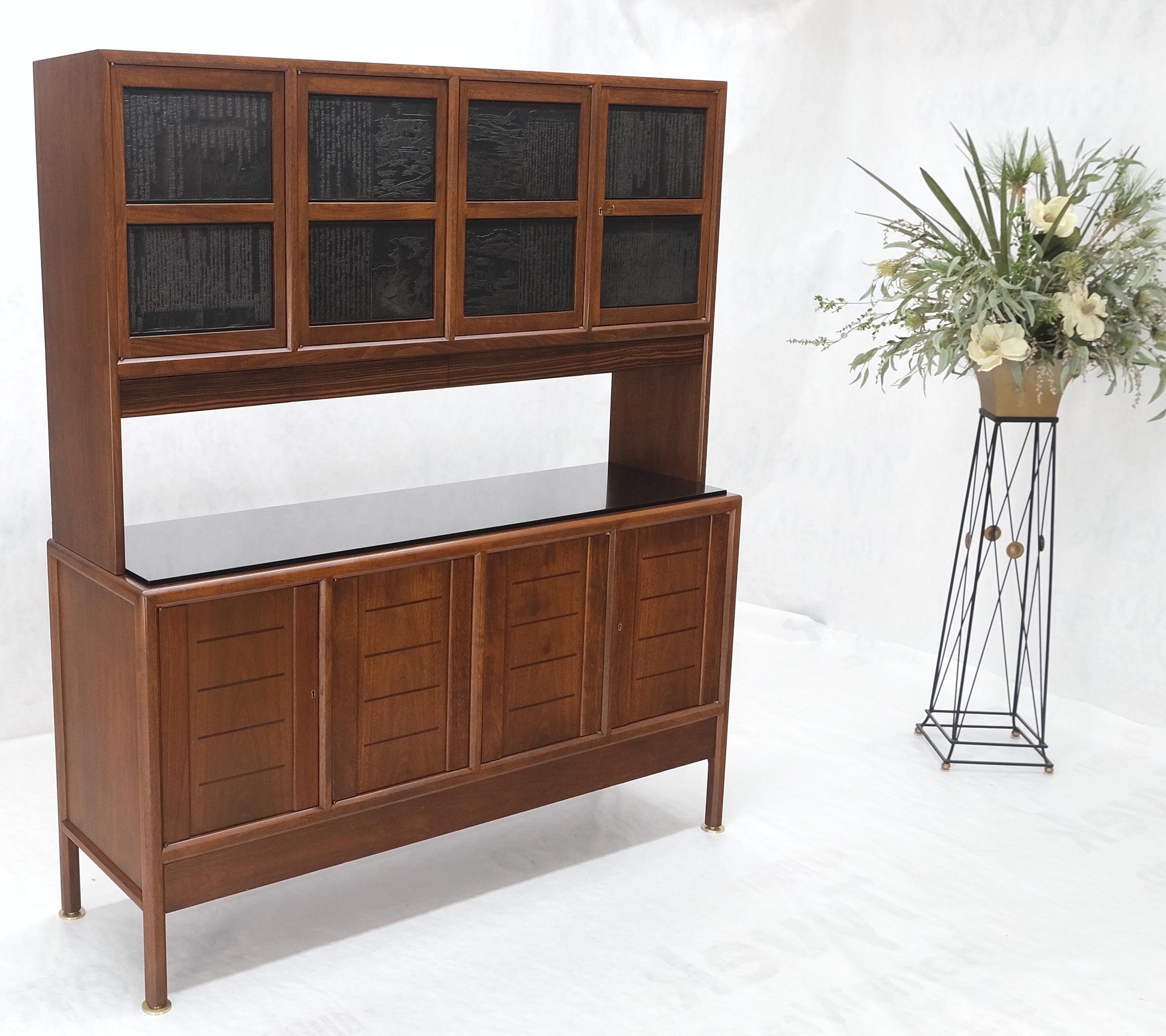 EstablishedLines Dunbar Walnut Two Part Sideboard Credenza Breakfront Carved Slate Inserts MINT!