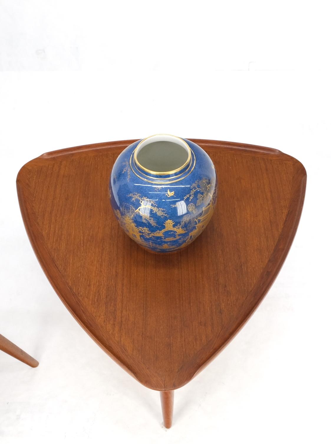 EstablishedLines Danish Triangular Teak Rolled Edge Caned Shelf End Side Occasional Table Stand
