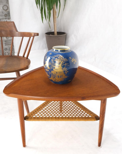 EstablishedLines Danish Triangular Teak Rolled Edge Caned Shelf End Side Occasional Table Stand