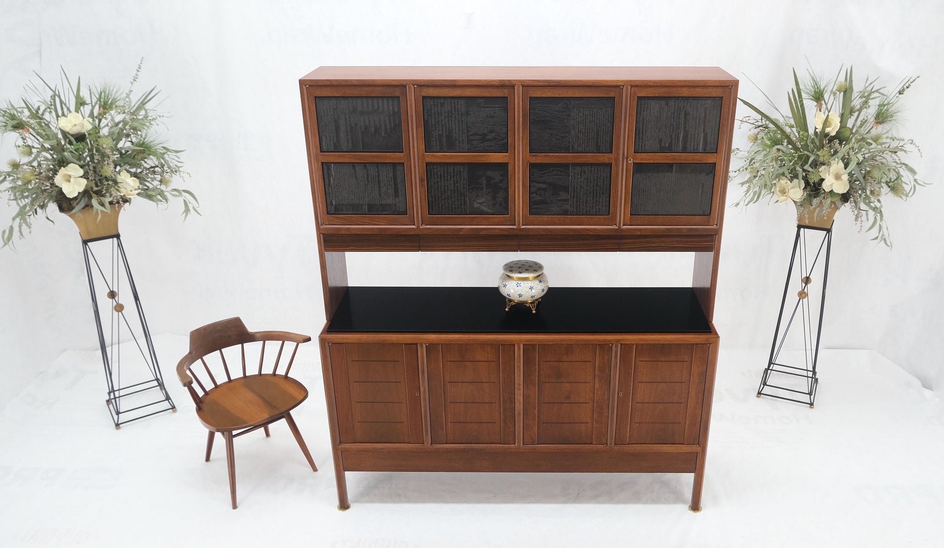 EstablishedLines Dunbar Walnut Two Part Sideboard Credenza Breakfront Carved Slate Inserts MINT!