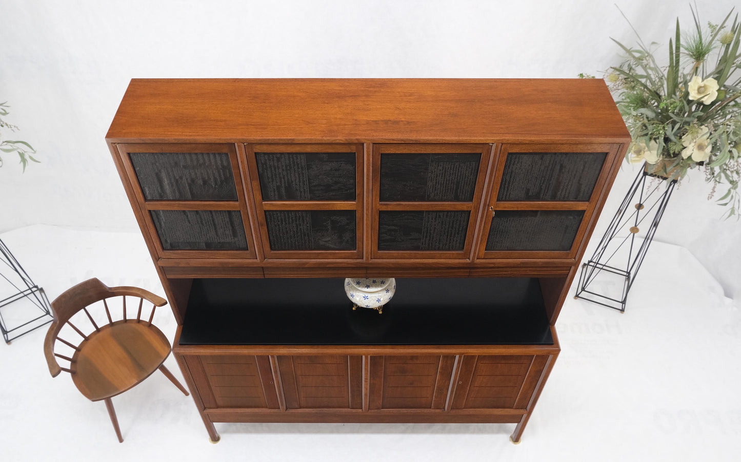 EstablishedLines Dunbar Walnut Two Part Sideboard Credenza Breakfront Carved Slate Inserts MINT!