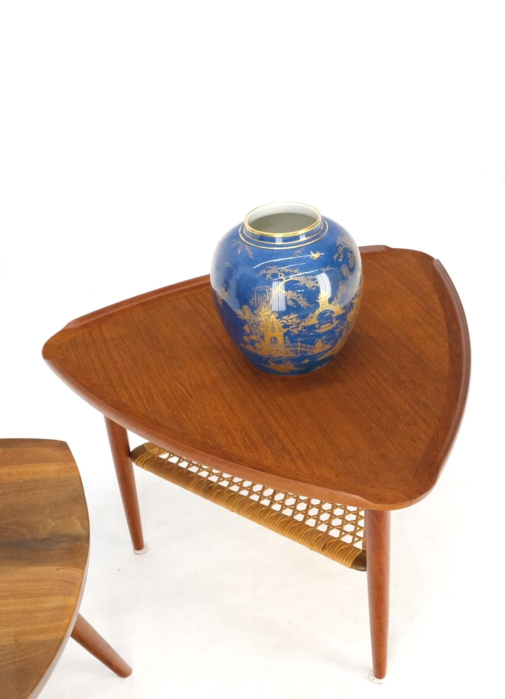 EstablishedLines Danish Triangular Teak Rolled Edge Caned Shelf End Side Occasional Table Stand