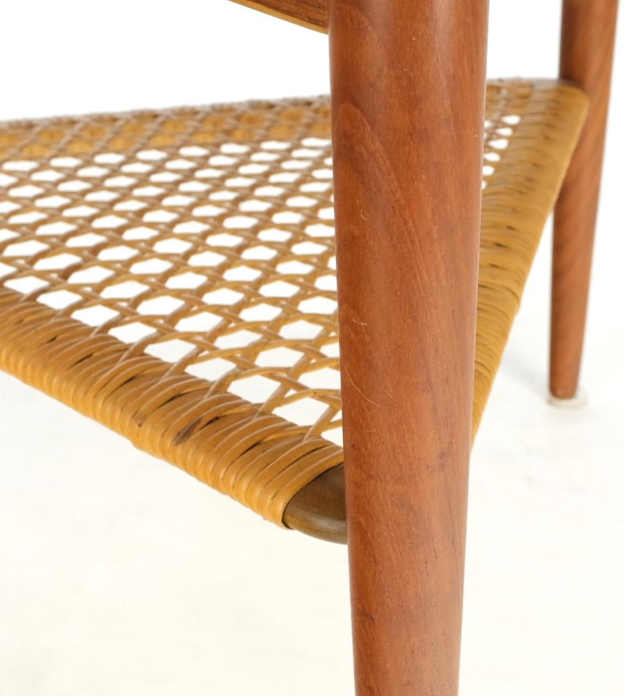 EstablishedLines Danish Triangular Teak Rolled Edge Caned Shelf End Side Occasional Table Stand
