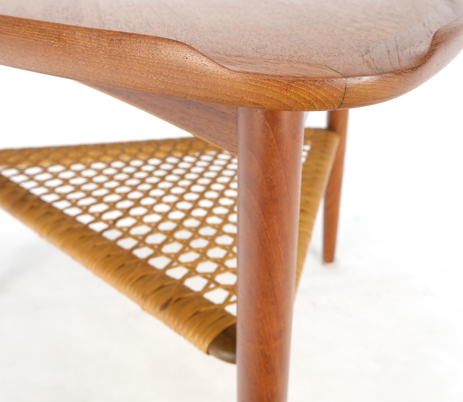 EstablishedLines Danish Triangular Teak Rolled Edge Caned Shelf End Side Occasional Table Stand