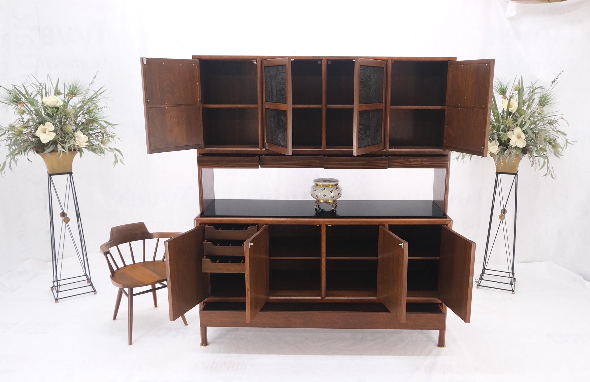 EstablishedLines Dunbar Walnut Two Part Sideboard Credenza Breakfront Carved Slate Inserts MINT!