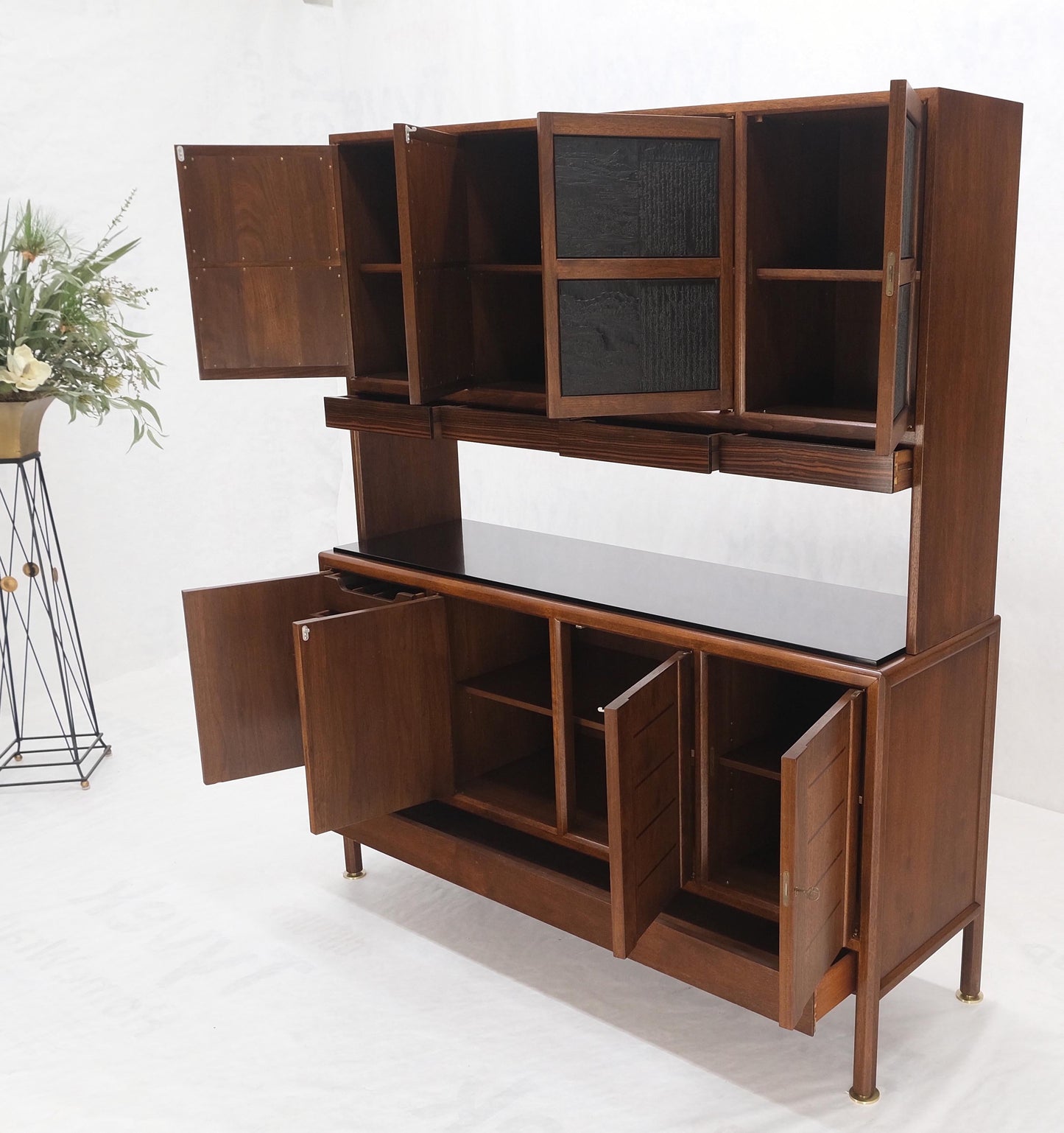 EstablishedLines Dunbar Walnut Two Part Sideboard Credenza Breakfront Carved Slate Inserts MINT!