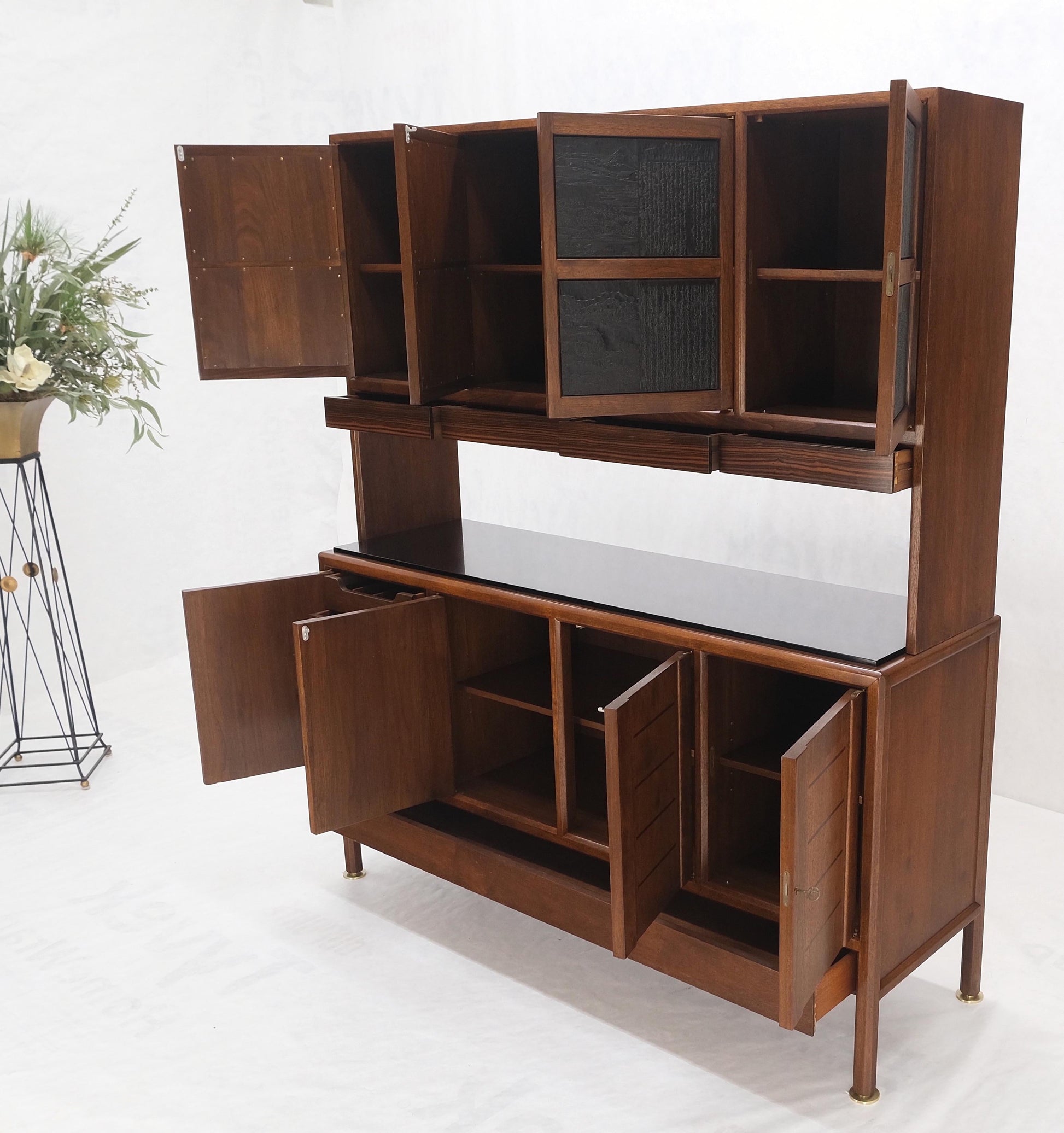 EstablishedLines Dunbar Walnut Two Part Sideboard Credenza Breakfront Carved Slate Inserts MINT!