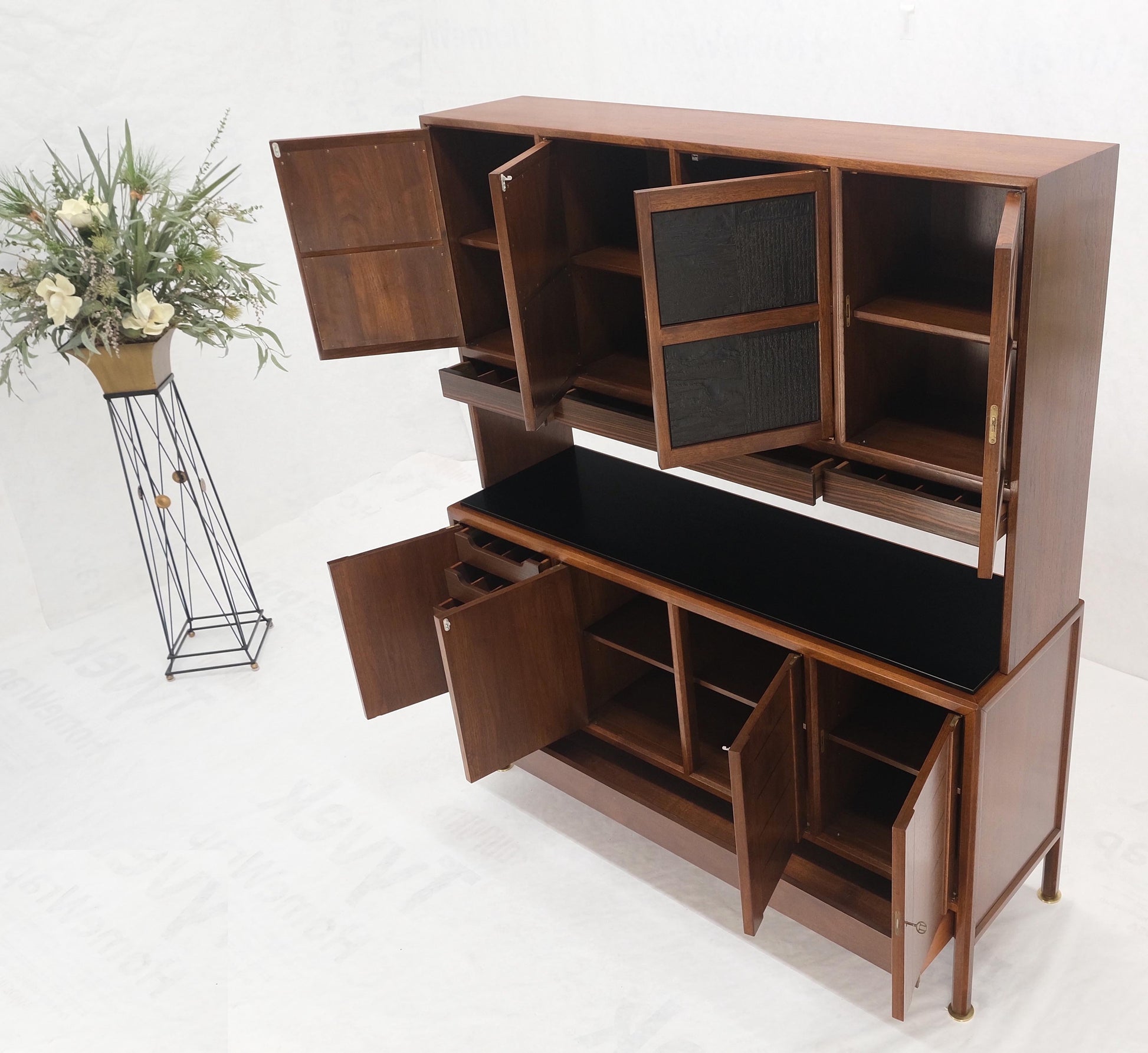 EstablishedLines Dunbar Walnut Two Part Sideboard Credenza Breakfront Carved Slate Inserts MINT!