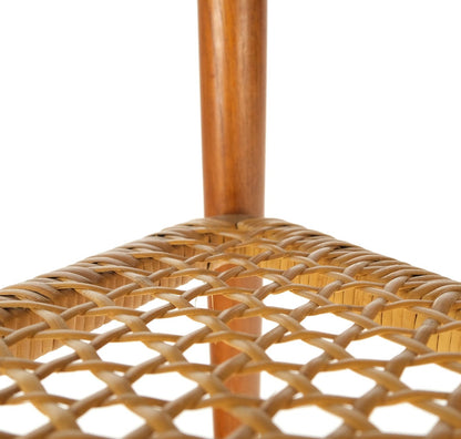 EstablishedLines Danish Triangular Teak Rolled Edge Caned Shelf End Side Occasional Table Stand