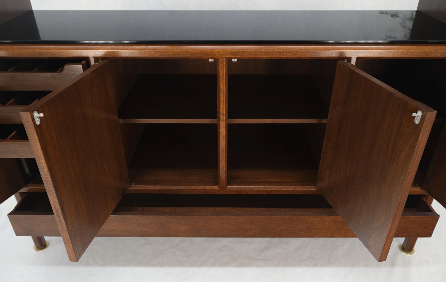 EstablishedLines Dunbar Walnut Two Part Sideboard Credenza Breakfront Carved Slate Inserts MINT!