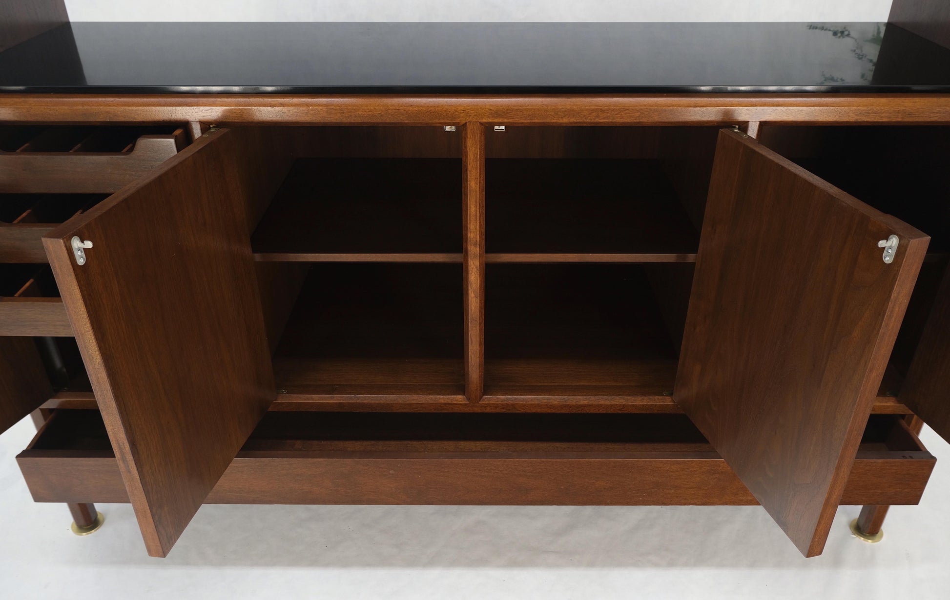 EstablishedLines Dunbar Walnut Two Part Sideboard Credenza Breakfront Carved Slate Inserts MINT!