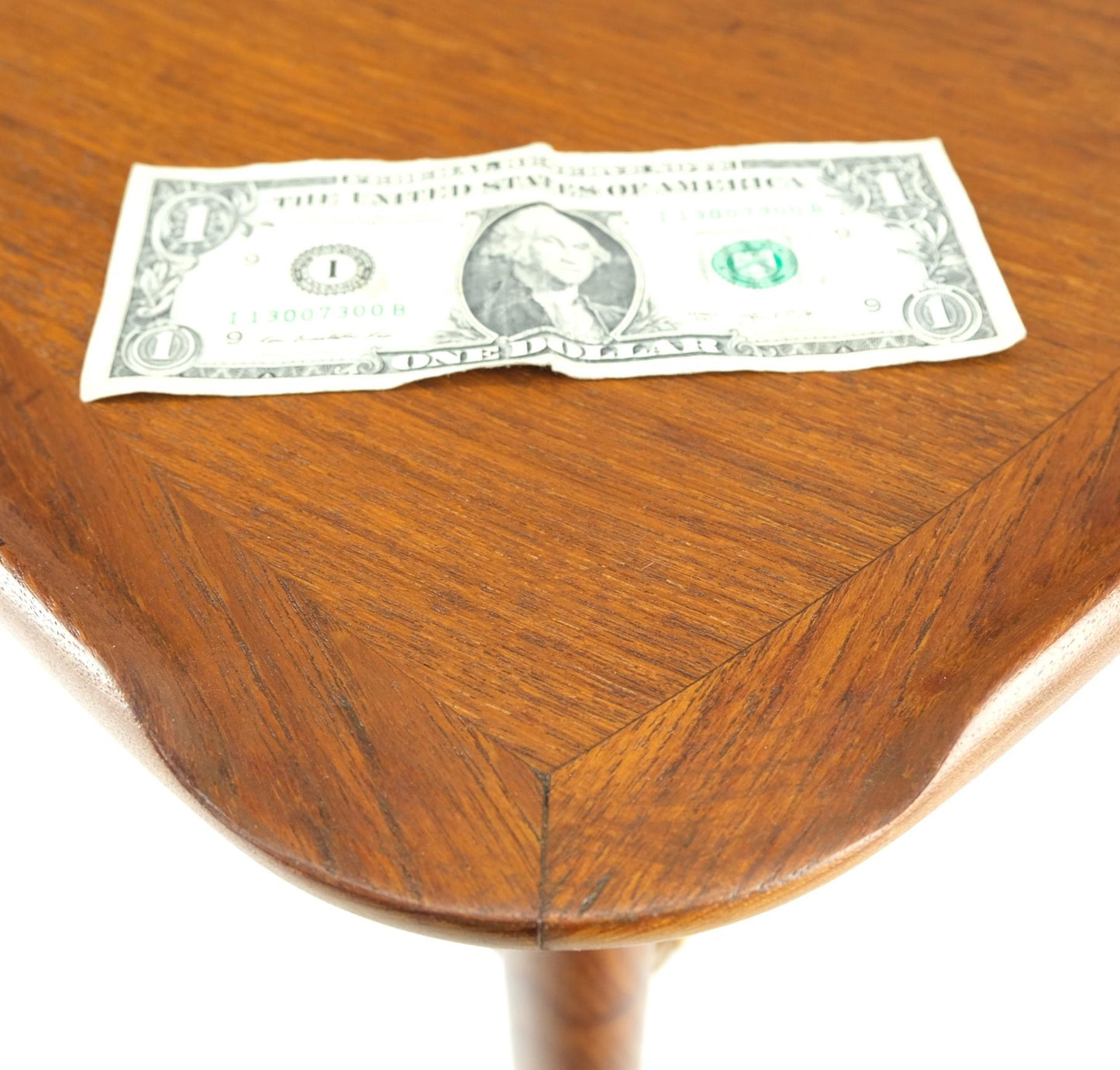 EstablishedLines Danish Triangular Teak Rolled Edge Caned Shelf End Side Occasional Table Stand