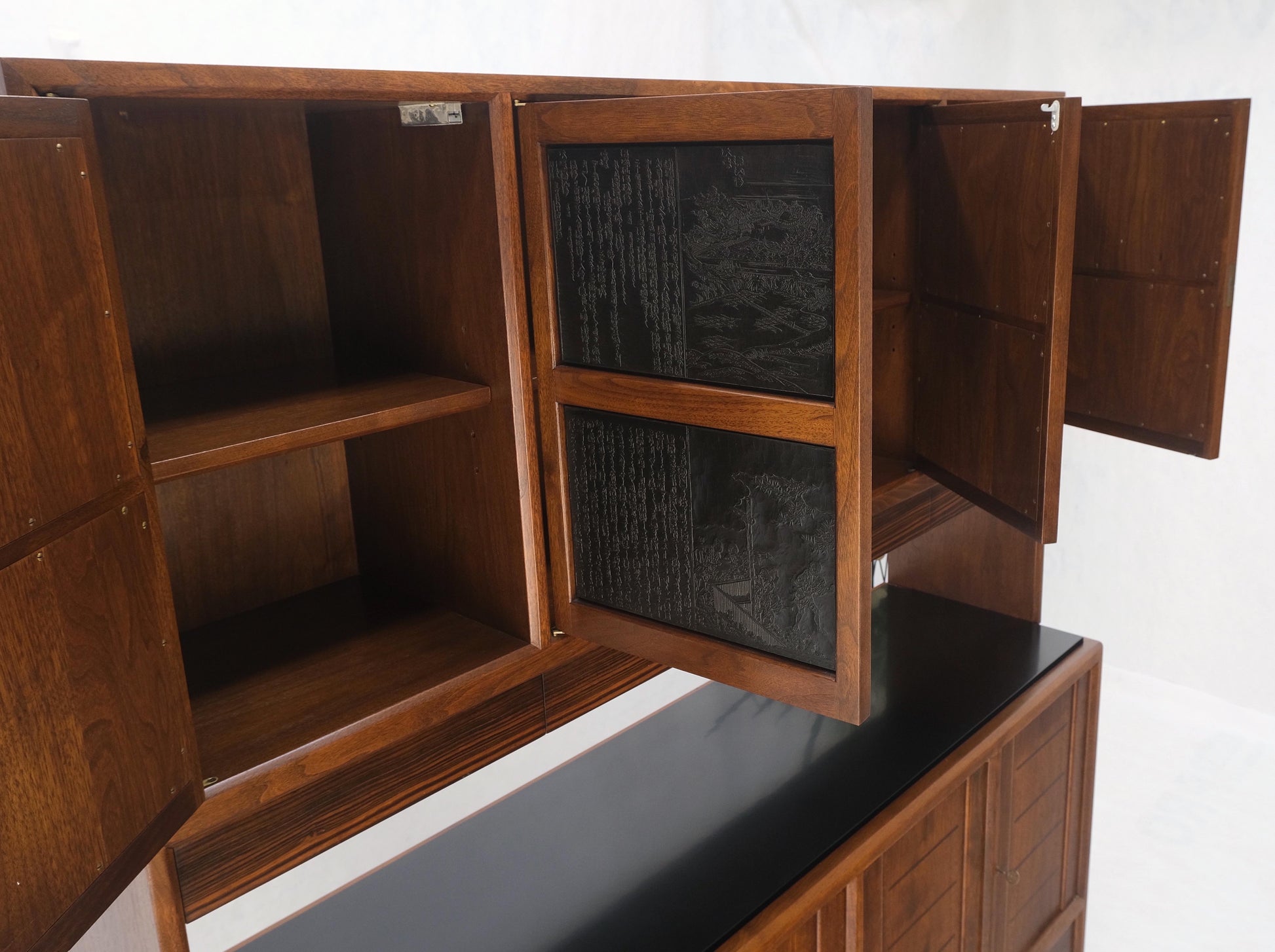 EstablishedLines Dunbar Walnut Two Part Sideboard Credenza Breakfront Carved Slate Inserts MINT!