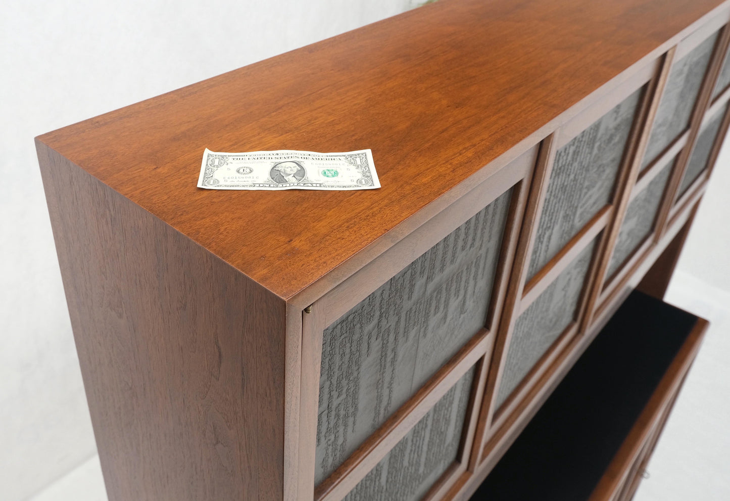 EstablishedLines Dunbar Walnut Two Part Sideboard Credenza Breakfront Carved Slate Inserts MINT!