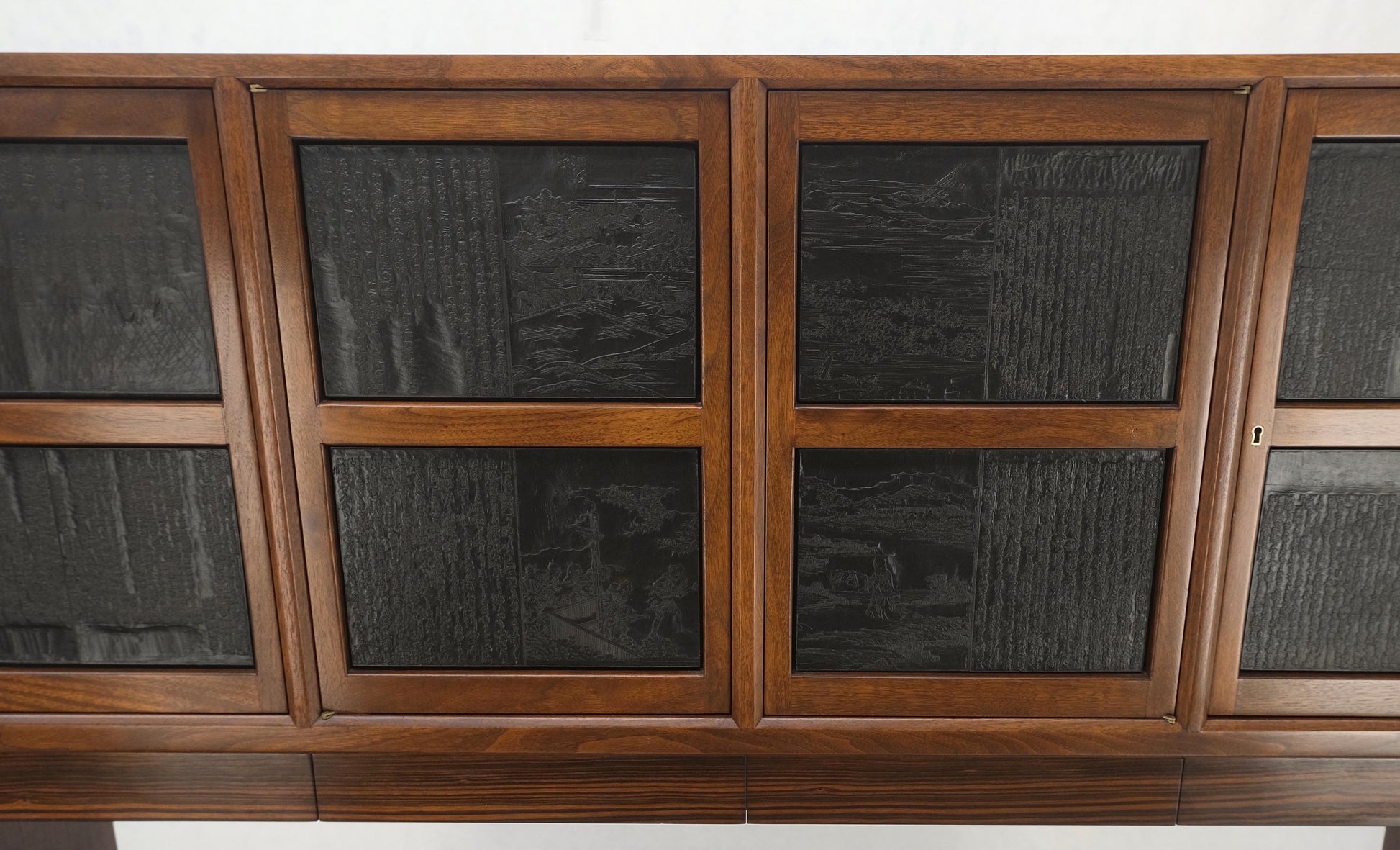 EstablishedLines Dunbar Walnut Two Part Sideboard Credenza Breakfront Carved Slate Inserts MINT!