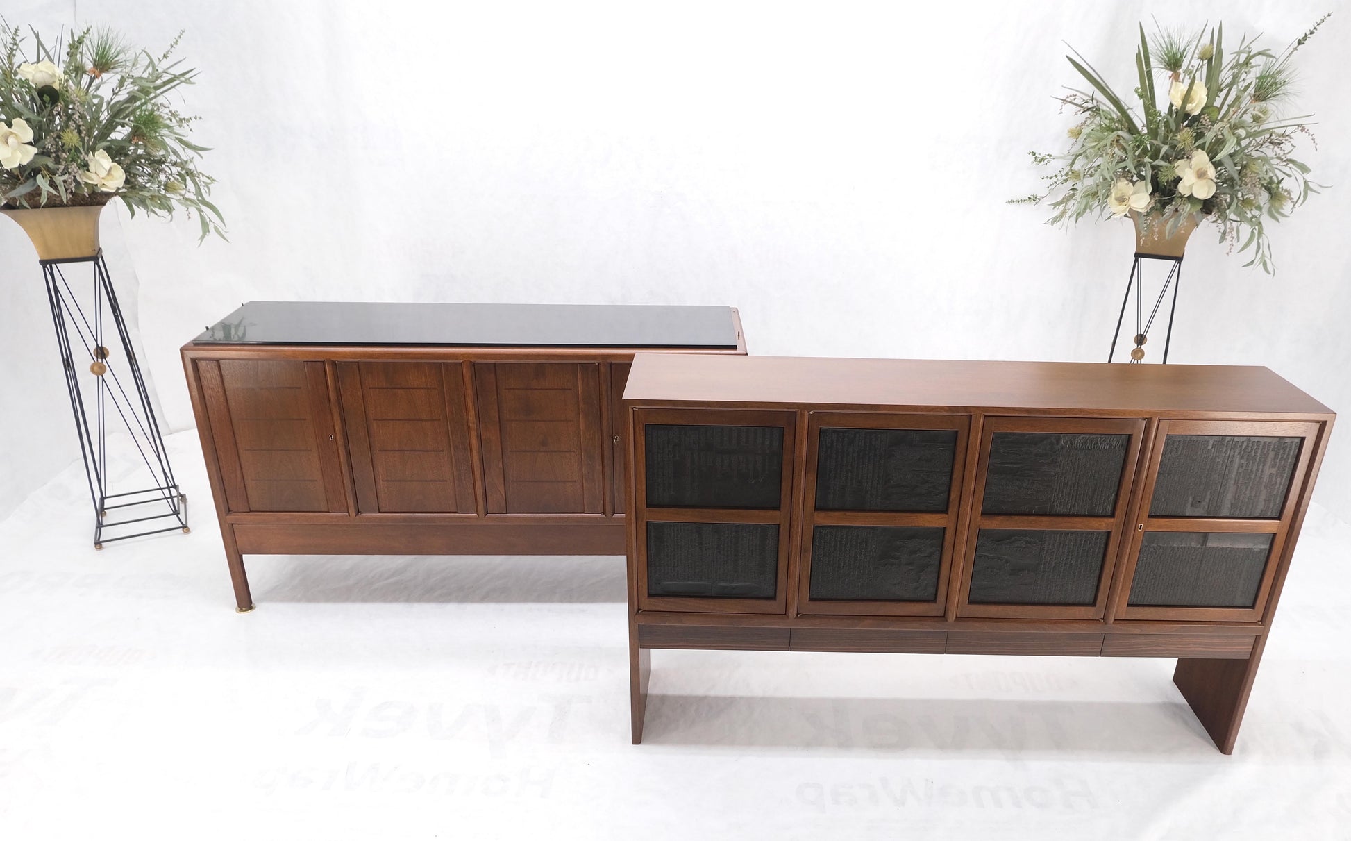 EstablishedLines Dunbar Walnut Two Part Sideboard Credenza Breakfront Carved Slate Inserts MINT!