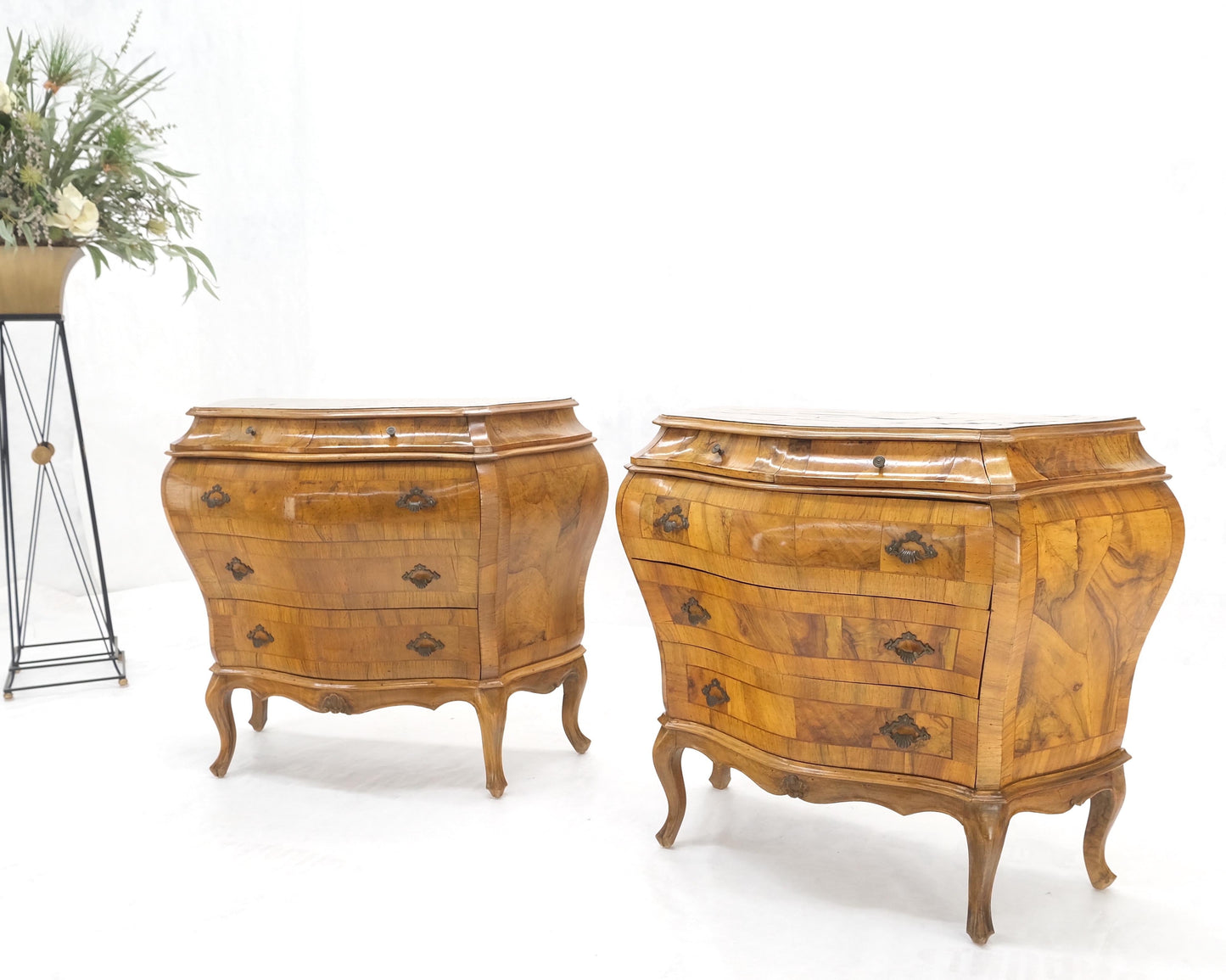 Pair of Italian Olive Burl Wood Patched Veneer Bombay Small Dresser Stands Table
