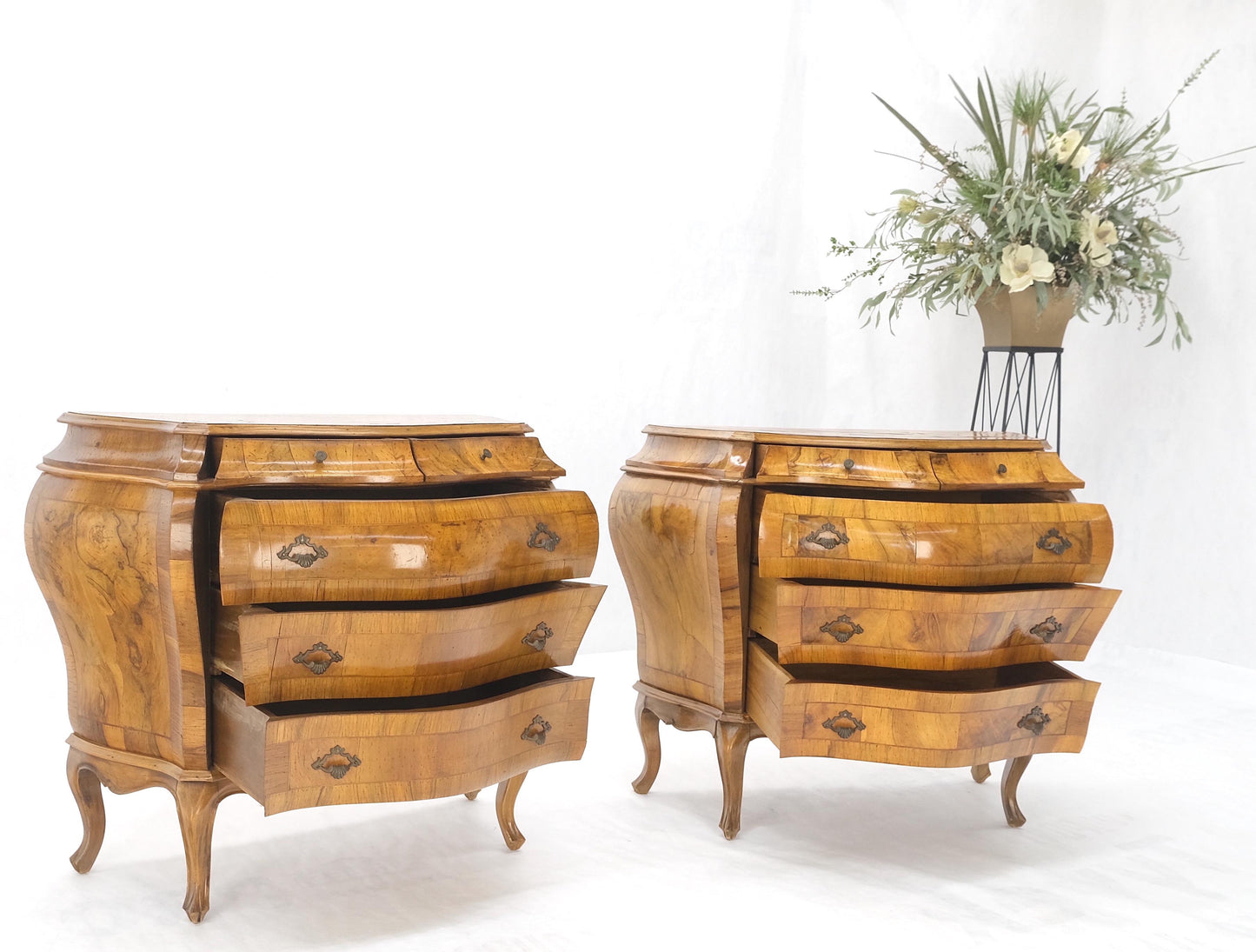 Pair of Italian Olive Burl Wood Patched Veneer Bombay Small Dresser Stands Table