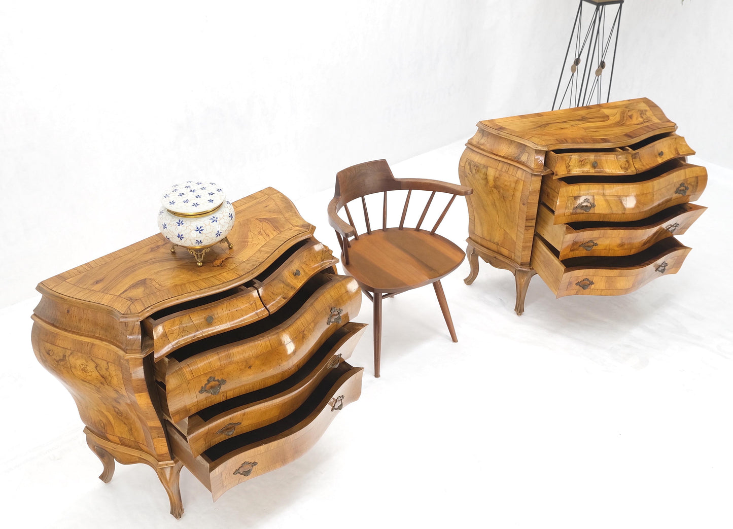 Pair of Italian Olive Burl Wood Patched Veneer Bombay Small Dresser Stands Table