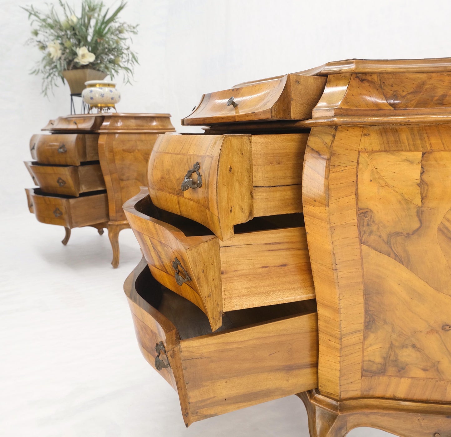 Pair of Italian Olive Burl Wood Patched Veneer Bombay Small Dresser Stands Table