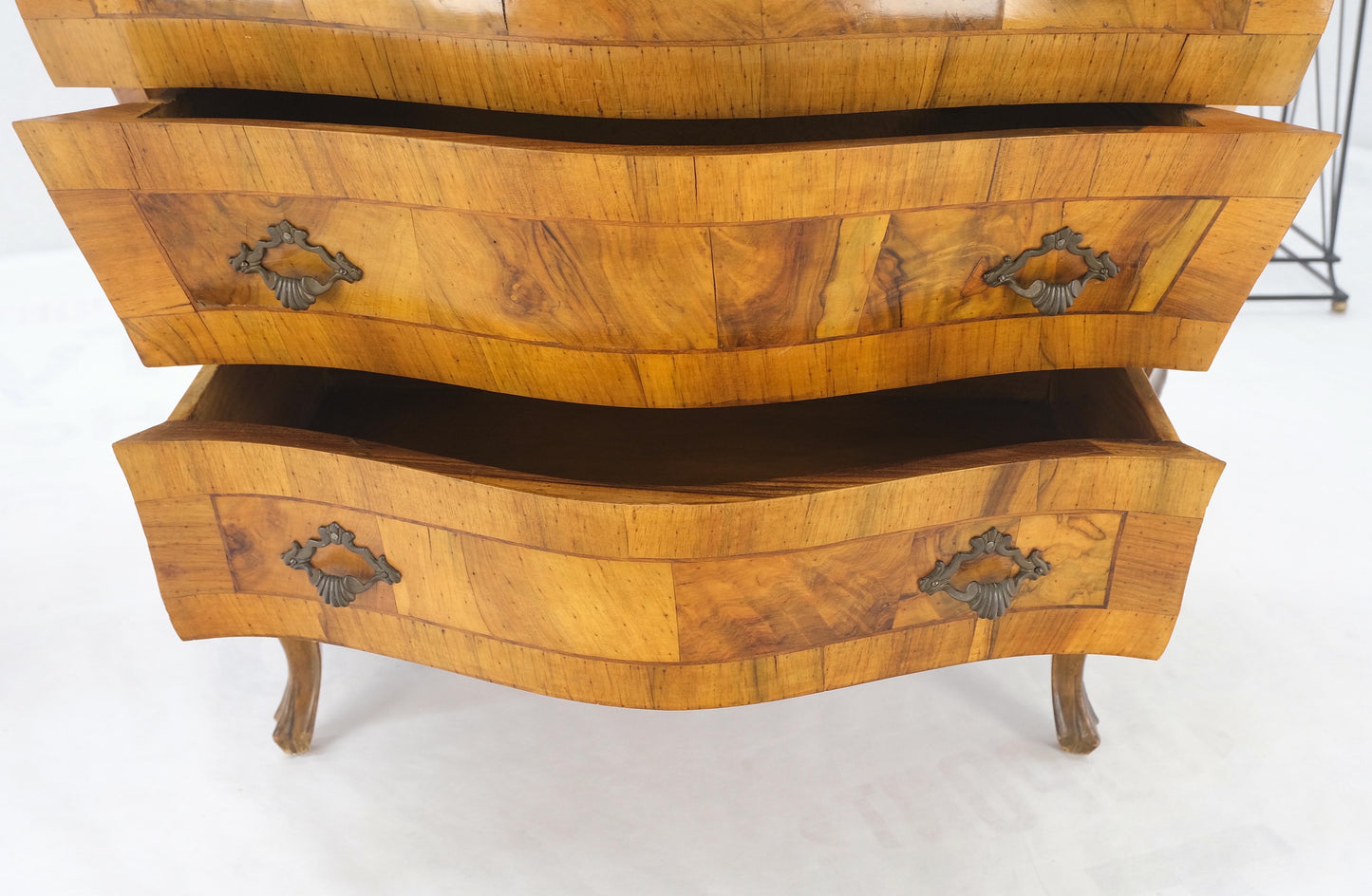 Pair of Italian Olive Burl Wood Patched Veneer Bombay Small Dresser Stands Table