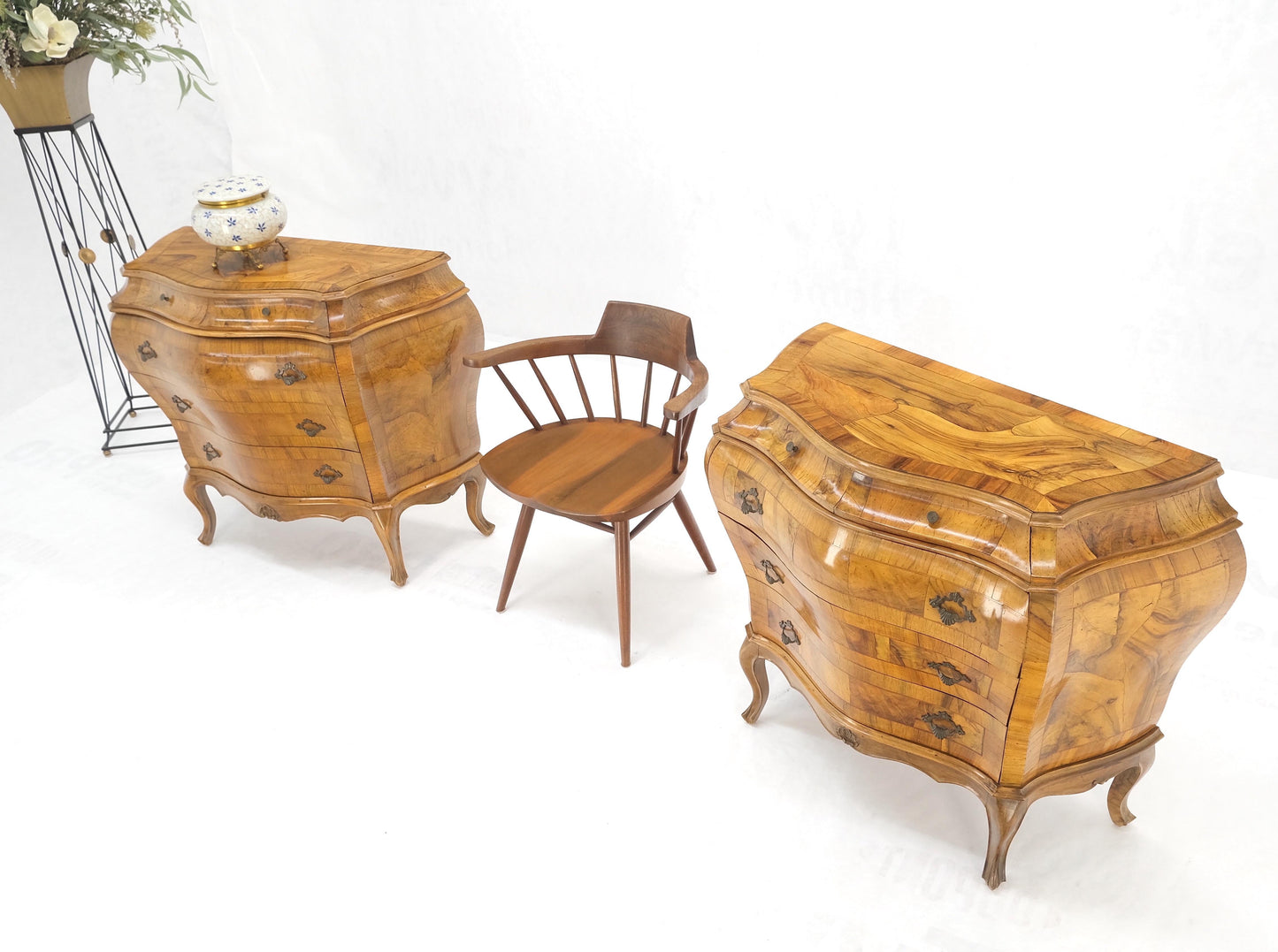 Pair of Italian Olive Burl Wood Patched Veneer Bombay Small Dresser Stands Table