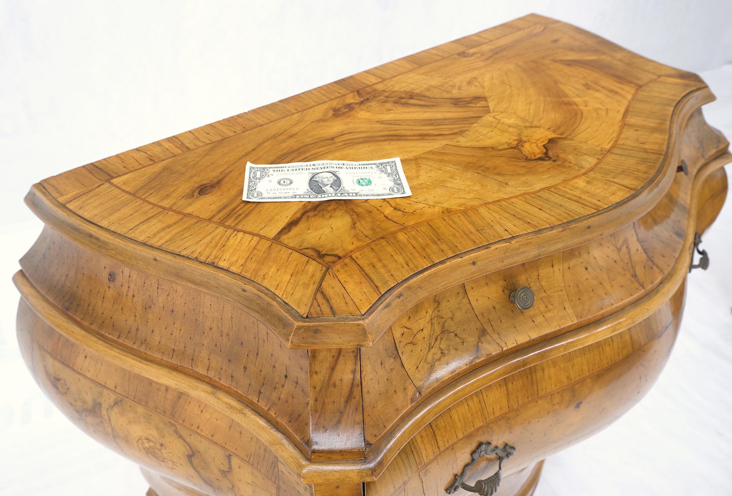 Pair of Italian Olive Burl Wood Patched Veneer Bombay Small Dresser Stands Table