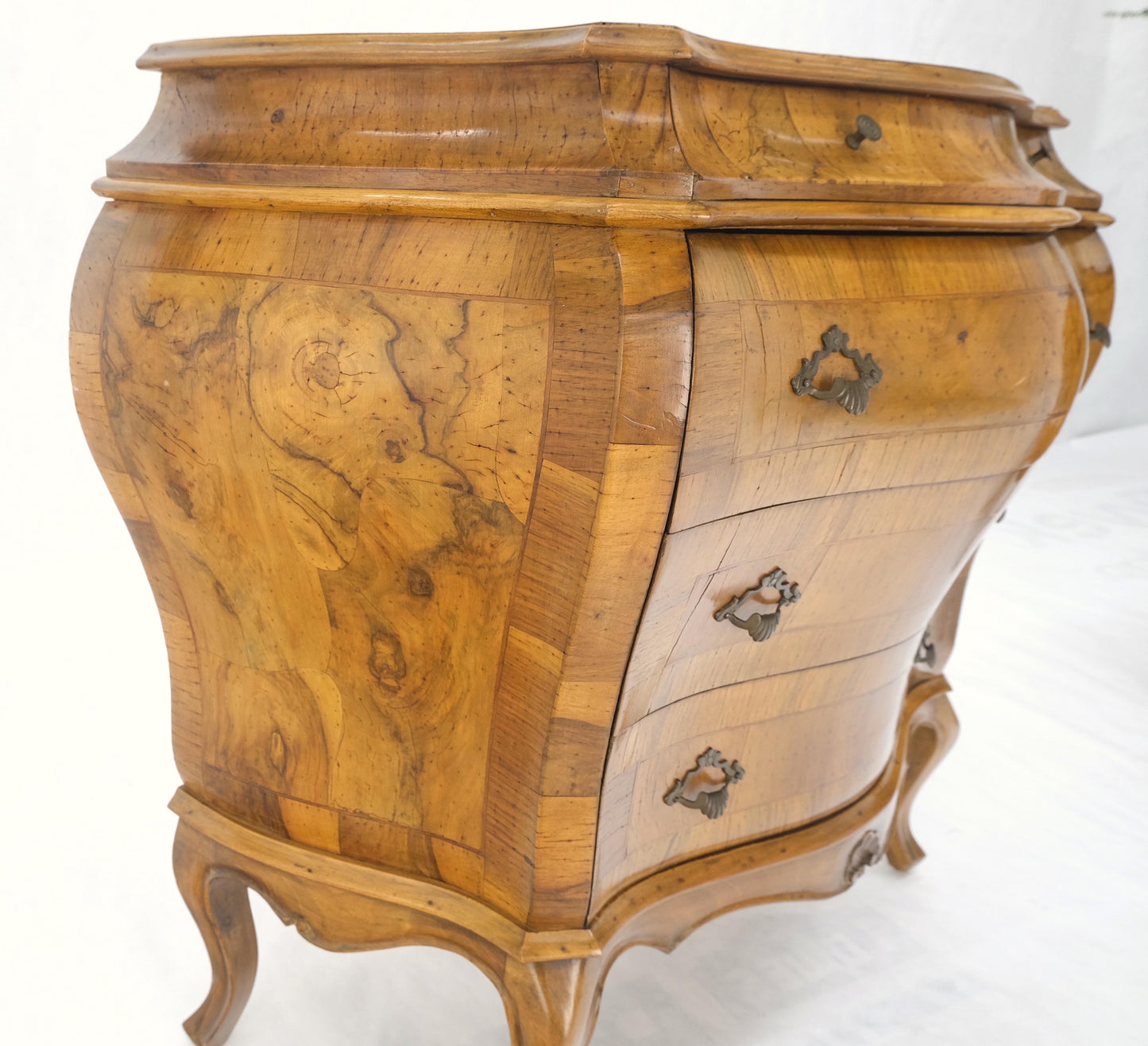 Pair of Italian Olive Burl Wood Patched Veneer Bombay Small Dresser Stands Table