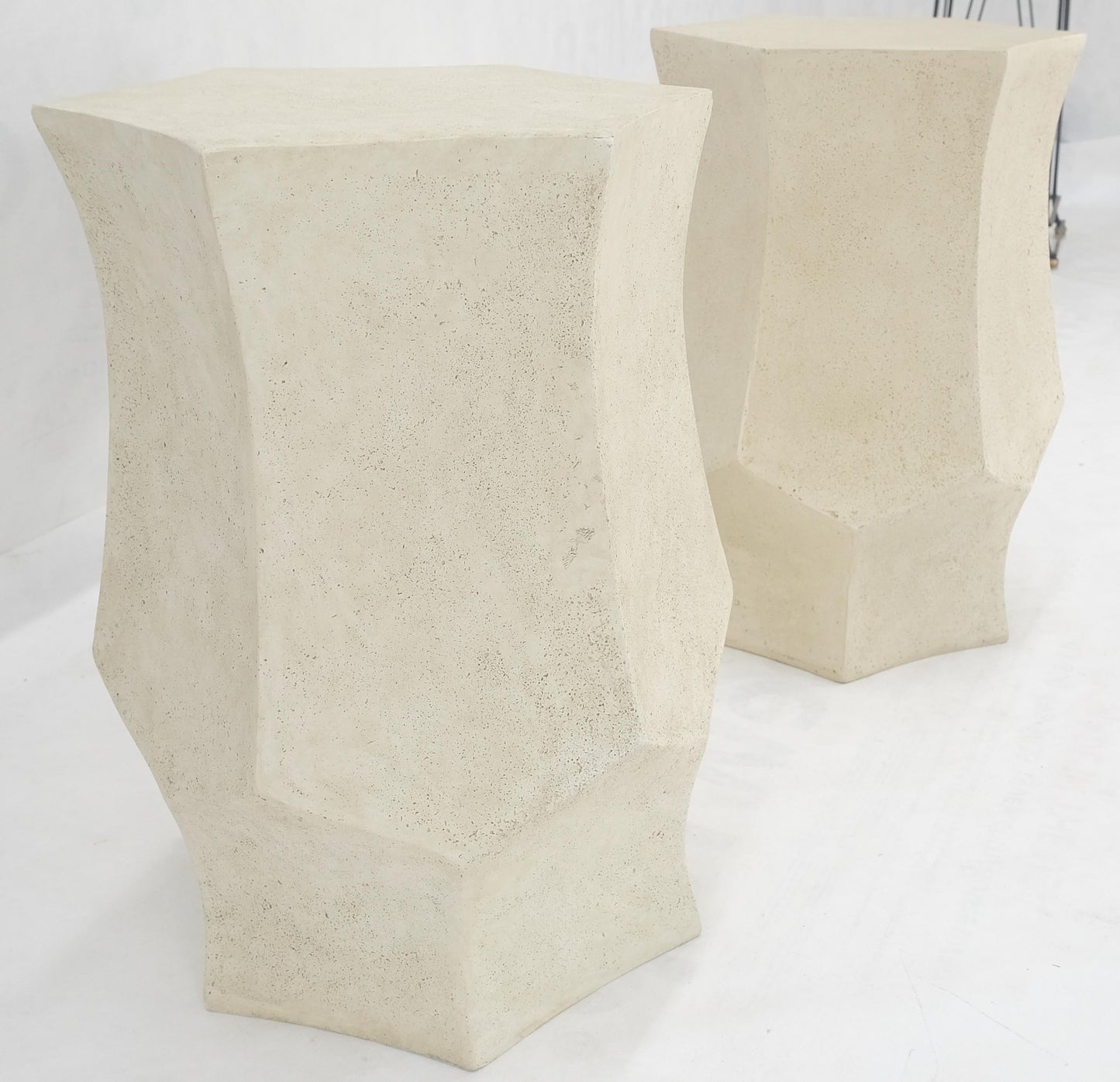 EstablishedLines Pair Hexagon Stomp Shape Faux Travertine End Side Table Stands MINT!