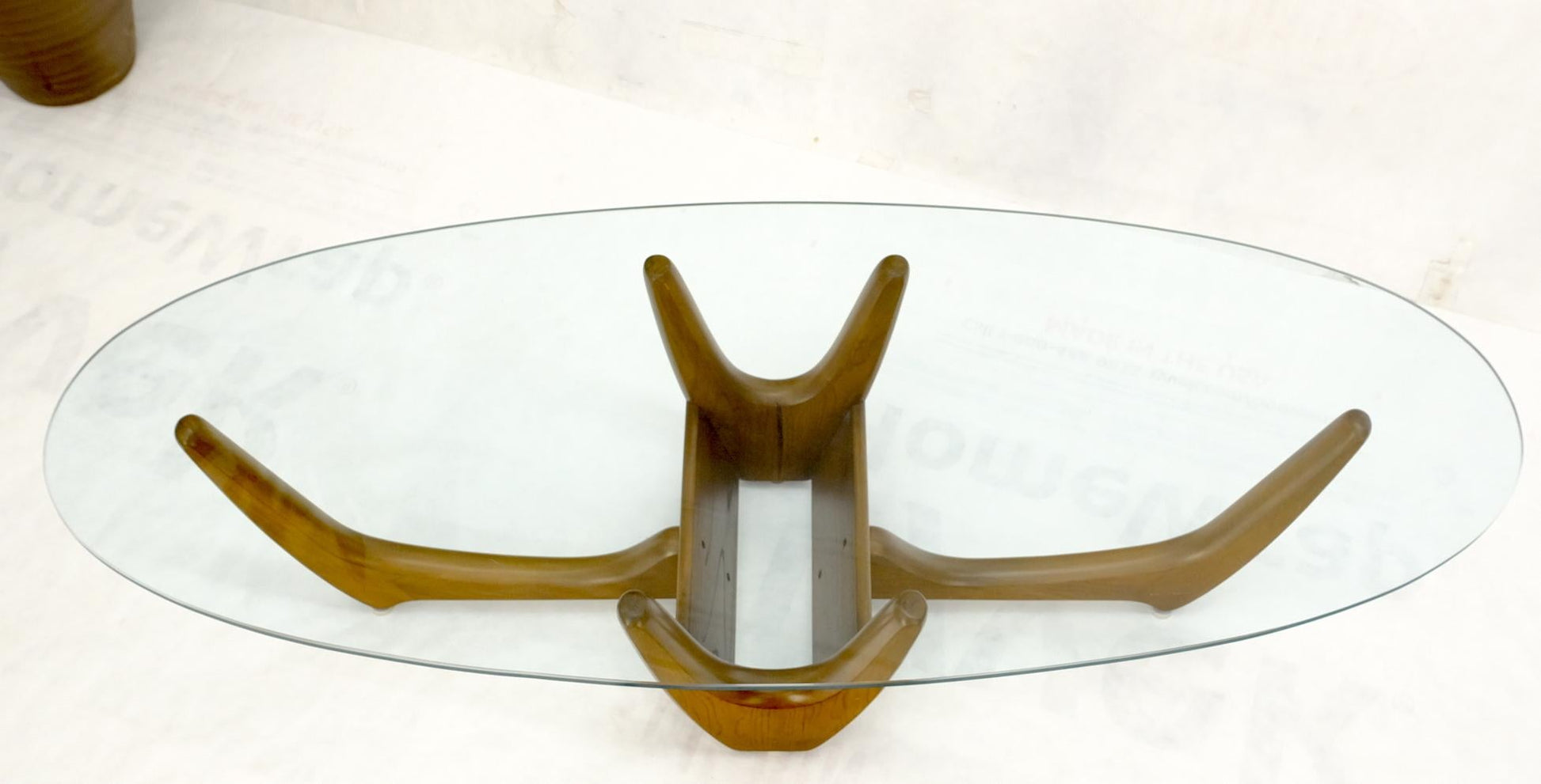 EstablishedLines Oval Glass Top Sculptural Base Mid-Century Modern Coffee Table