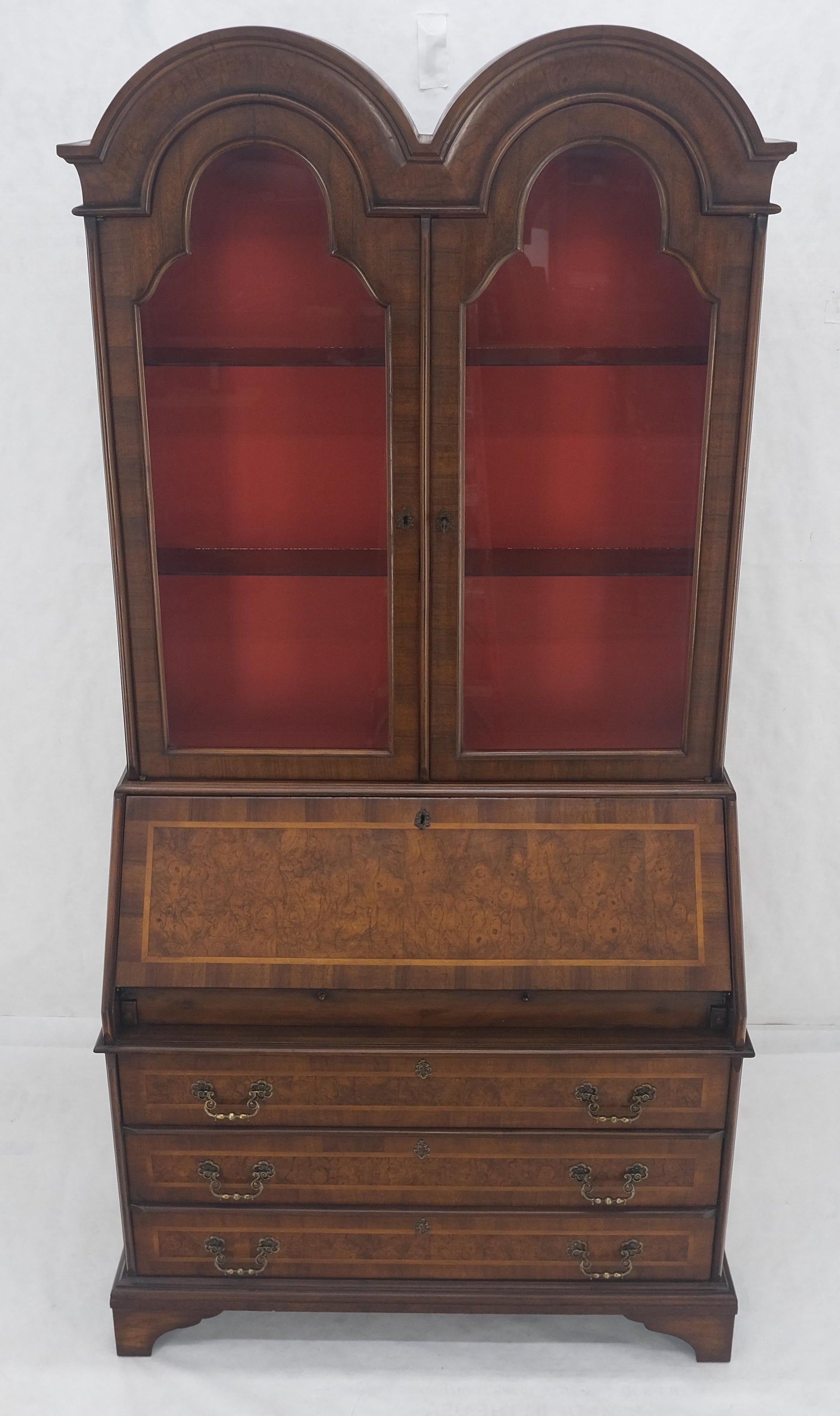 EstablishedLines Double Bonnet Dome Top Burl Wood 3 Drawer Drop Front Secretary Desk 1900s Clean!