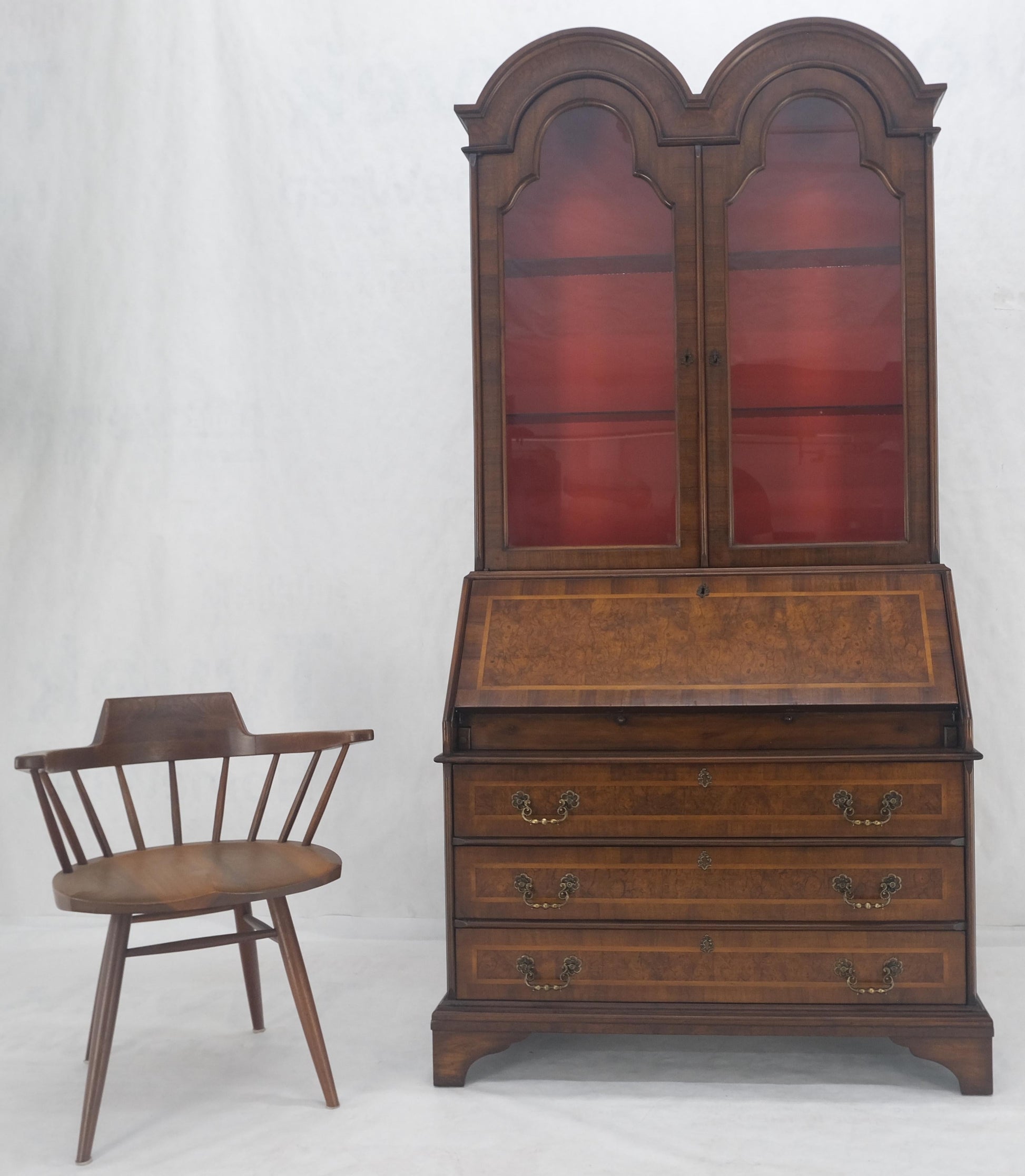 EstablishedLines Double Bonnet Dome Top Burl Wood 3 Drawer Drop Front Secretary Desk 1900s Clean!
