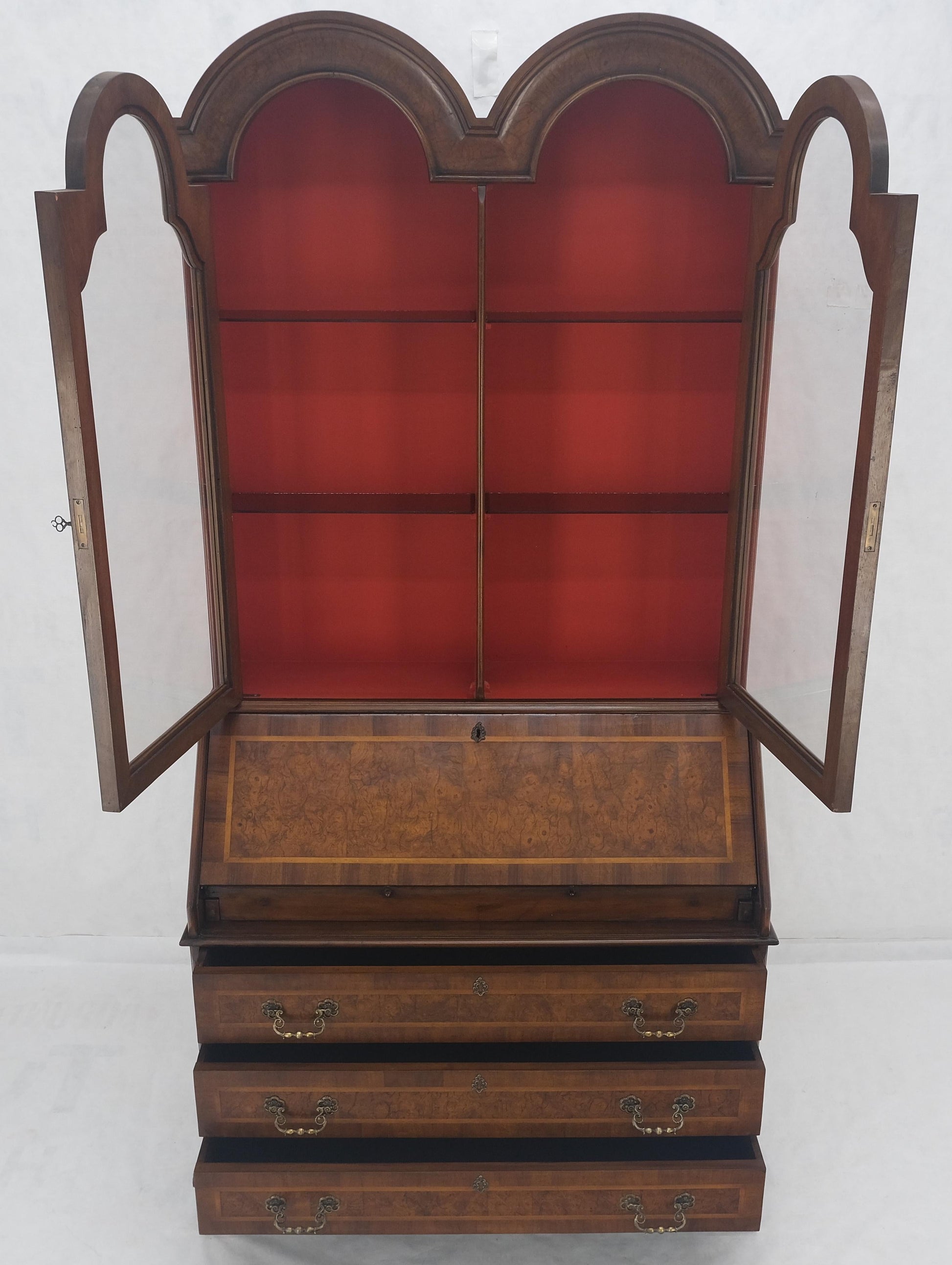 EstablishedLines Double Bonnet Dome Top Burl Wood 3 Drawer Drop Front Secretary Desk 1900s Clean!