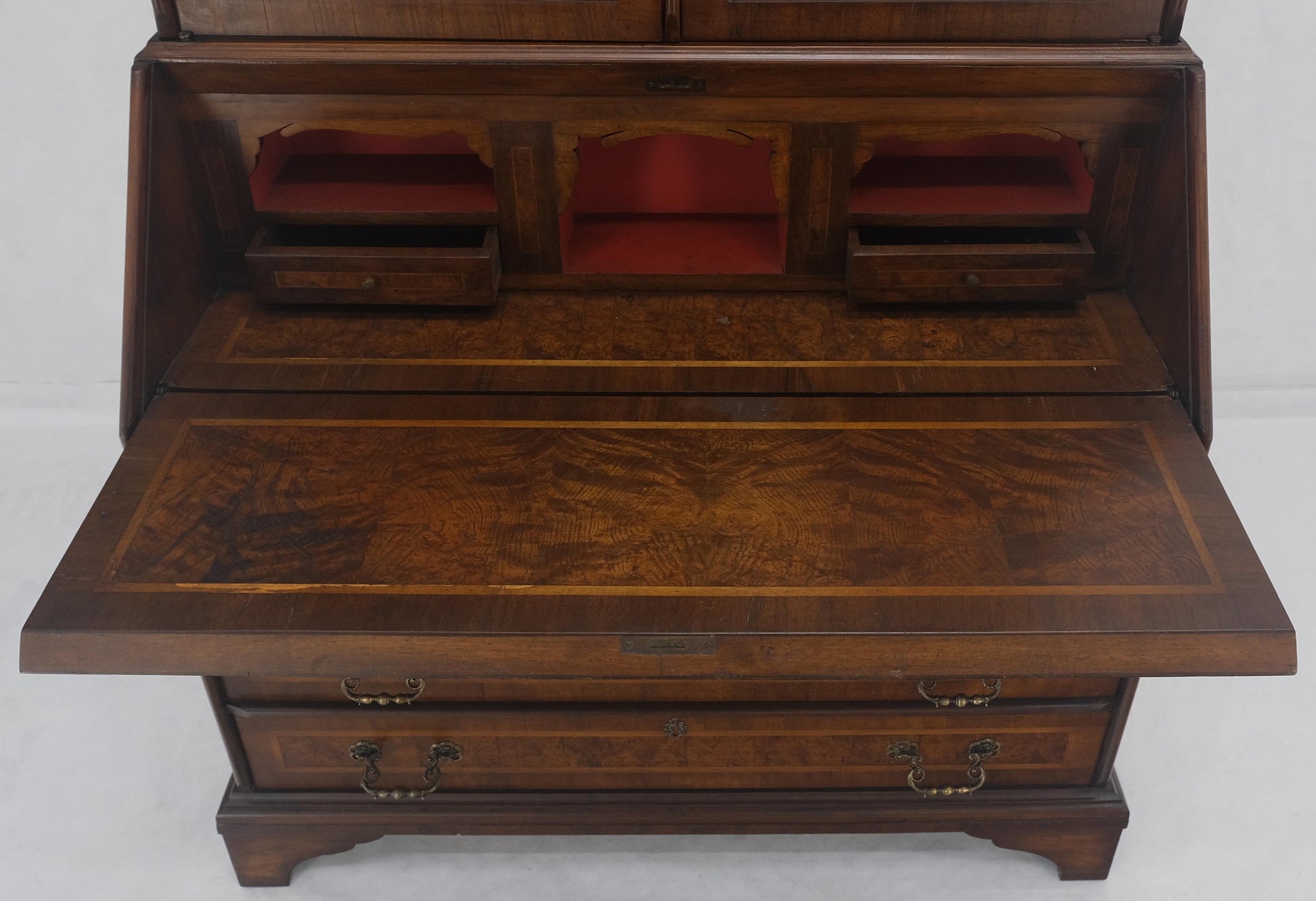 EstablishedLines Double Bonnet Dome Top Burl Wood 3 Drawer Drop Front Secretary Desk 1900s Clean!