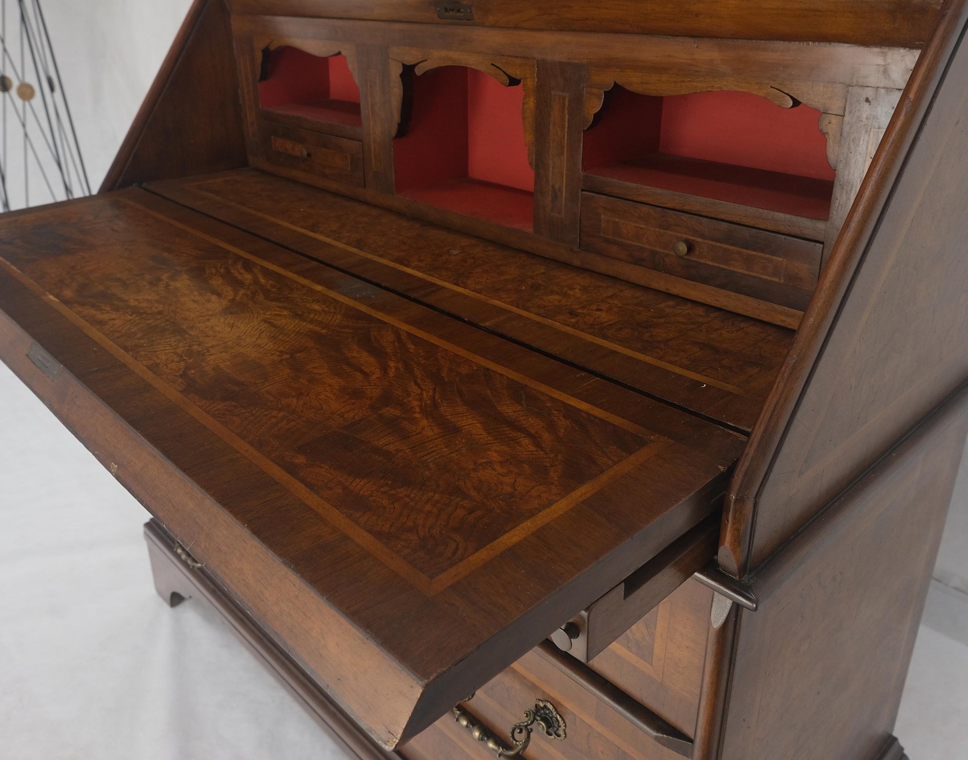 EstablishedLines Double Bonnet Dome Top Burl Wood 3 Drawer Drop Front Secretary Desk 1900s Clean!