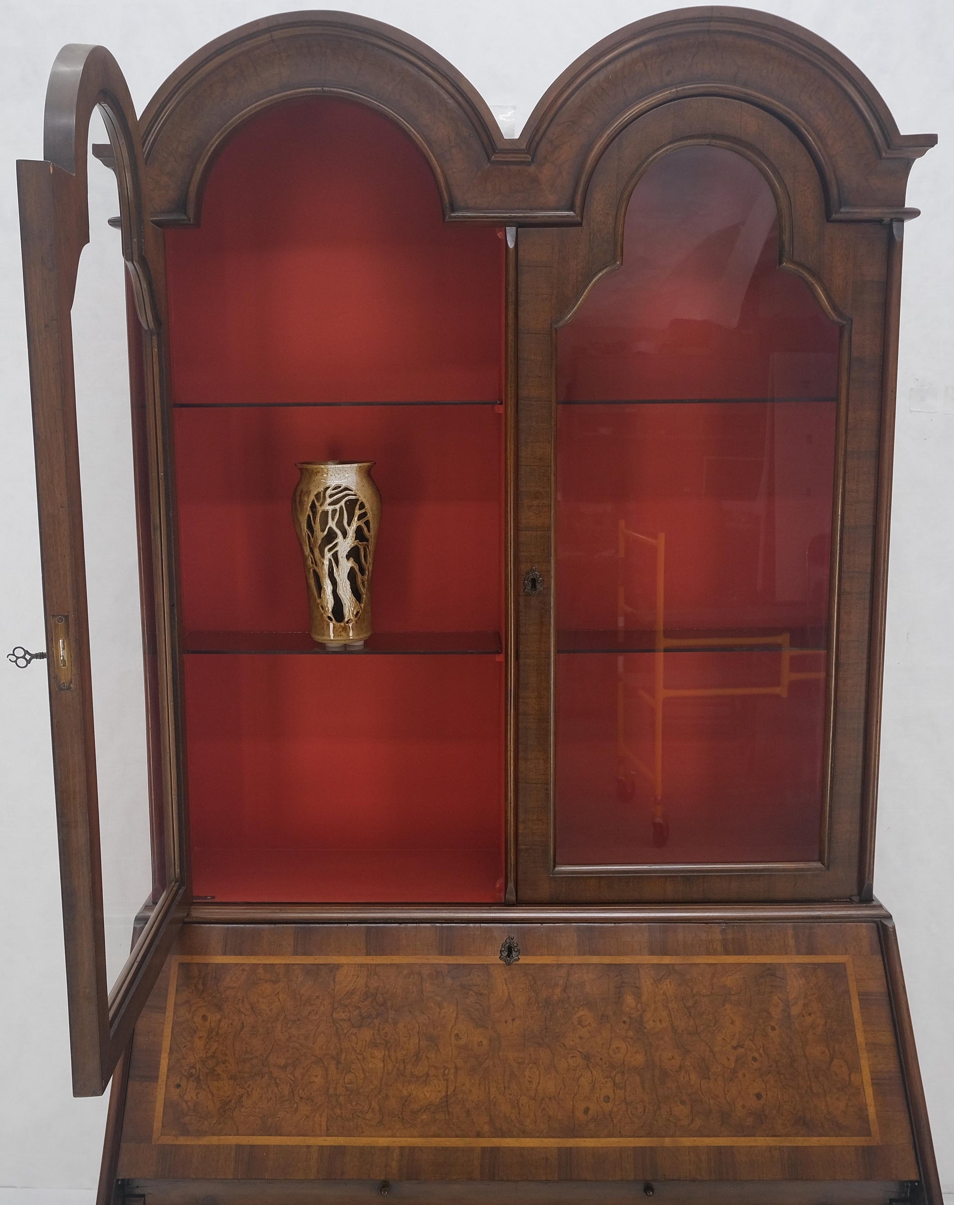 EstablishedLines Double Bonnet Dome Top Burl Wood 3 Drawer Drop Front Secretary Desk 1900s Clean!