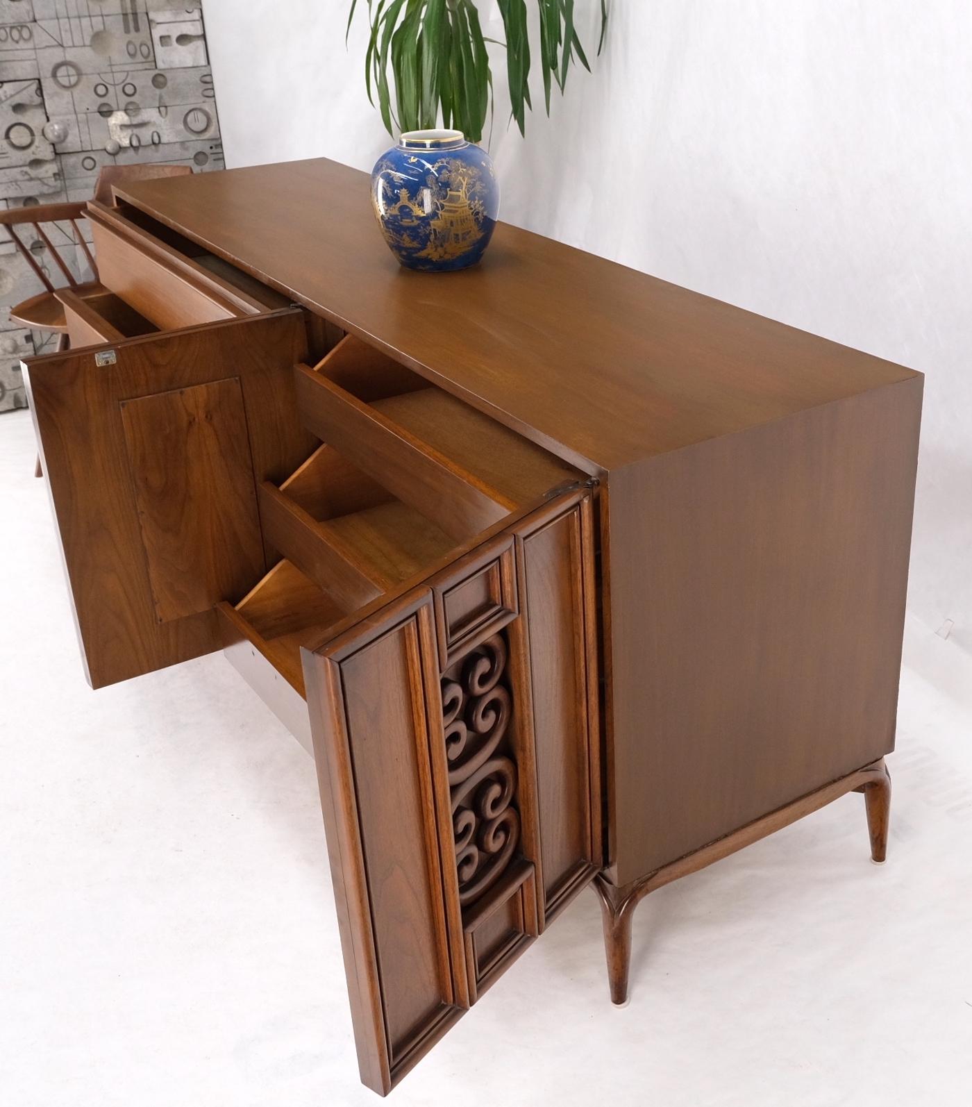 EstablishedLines: Danish Mid-Century Walnut 6 Drawers Long Credenza Dresser w/ Carved Double Doors EstablishedLines: Danish Mid-Century Walnut 6 Drawers Long Credenza Dresser w/ Carved Double Doors