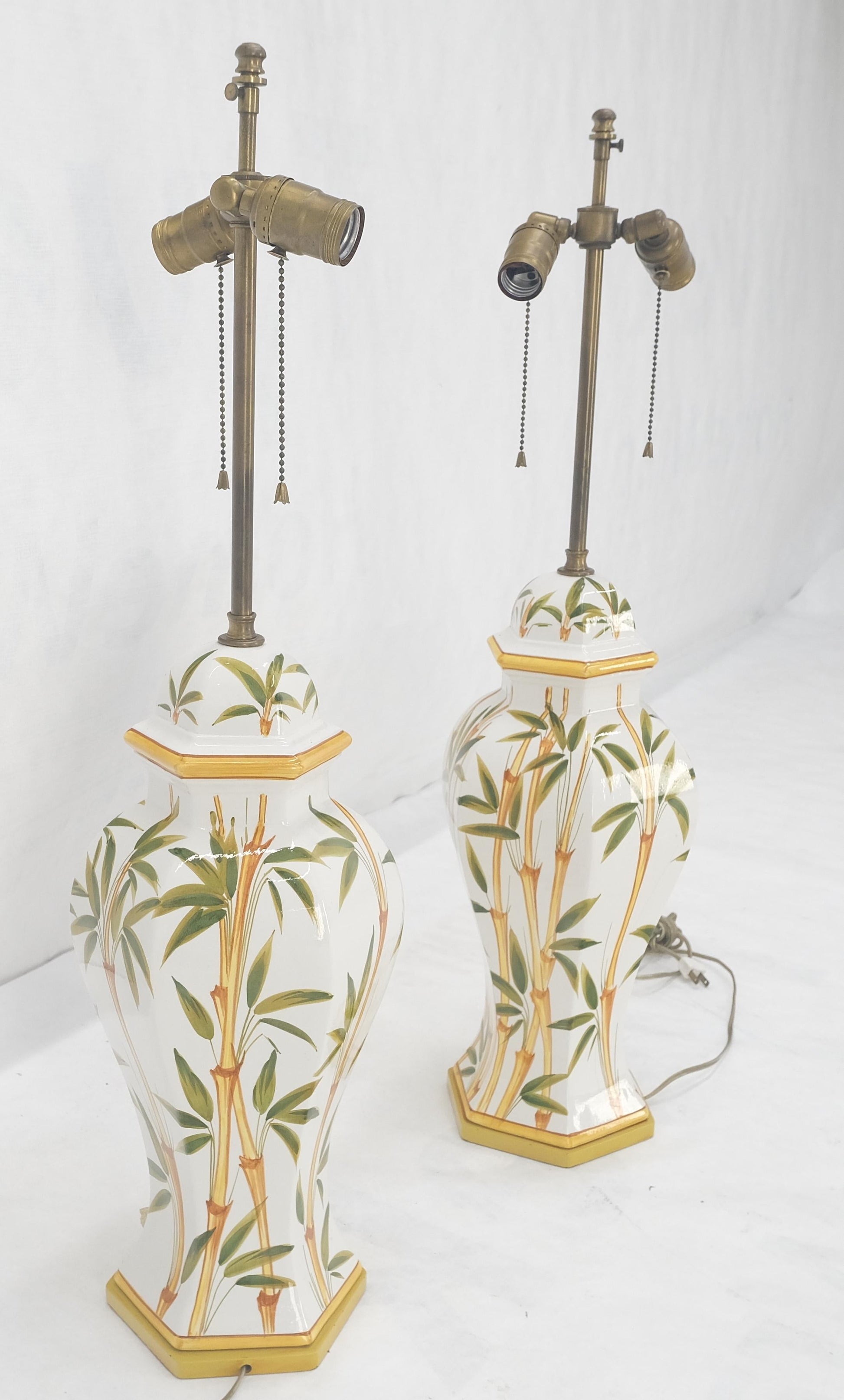 EstablishedLines Pair of Porcelain Pottery Ceramic Hexagon Base Onion Shape Lamps Bamboo Motive