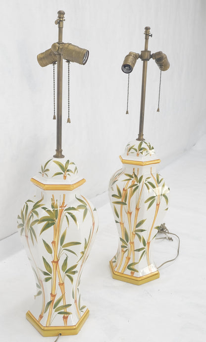 EstablishedLines Pair of Porcelain Pottery Ceramic Hexagon Base Onion Shape Lamps Bamboo Motive
