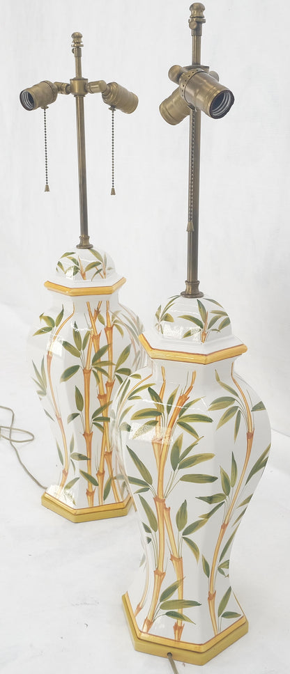 EstablishedLines Pair of Porcelain Pottery Ceramic Hexagon Base Onion Shape Lamps Bamboo Motive