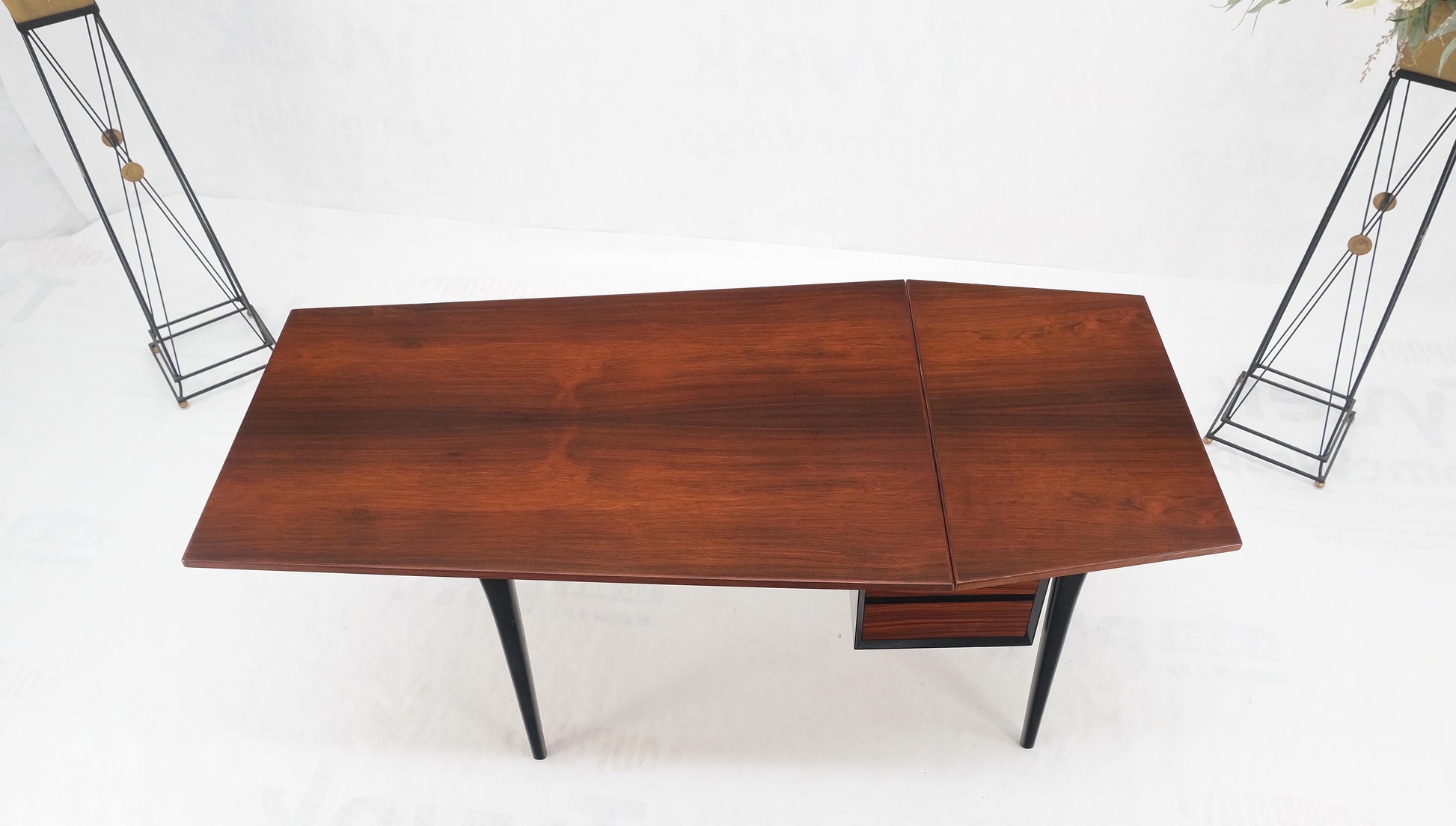 EstablishedLines Danish Mid Century Modern Boat Shape Drop Leaf Rosewood Desk Two Drawers MINT!