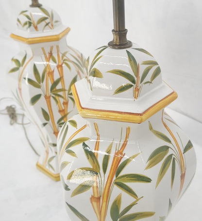EstablishedLines Pair of Porcelain Pottery Ceramic Hexagon Base Onion Shape Lamps Bamboo Motive