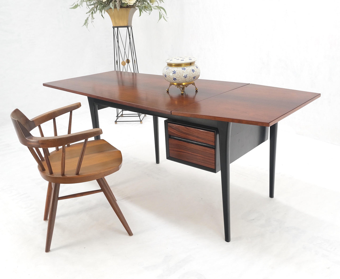 EstablishedLines Danish Mid Century Modern Boat Shape Drop Leaf Rosewood Desk Two Drawers MINT!